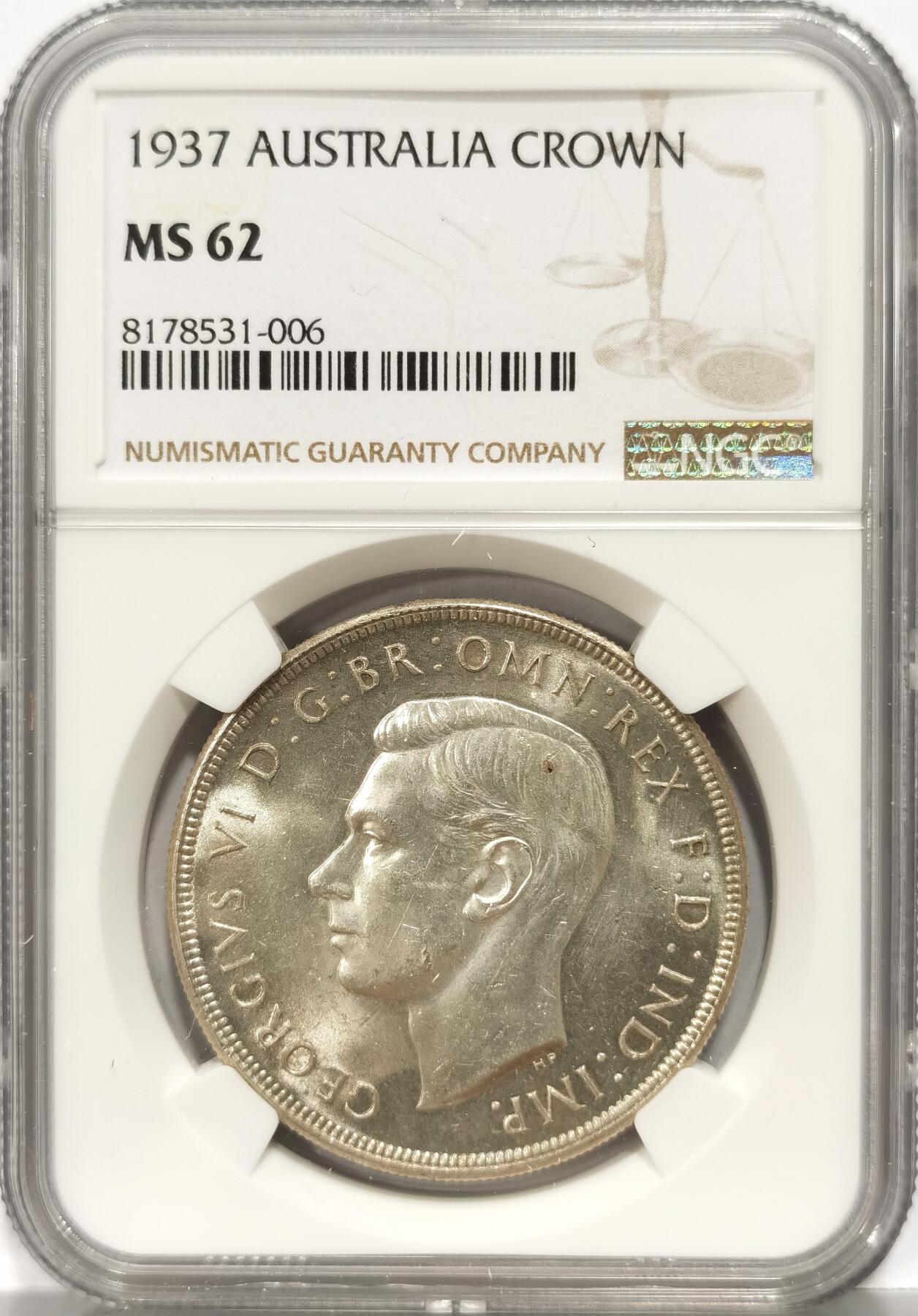 【麦稀奇世界钱币展】博洋堂“流萤染夏”六月精品专场暨第081期（全场包邮） NGC MS62 澳大利亚1937年皇冠克朗大银币 全银光的高银克朗 凝霜初打 铸纹丝滑可见