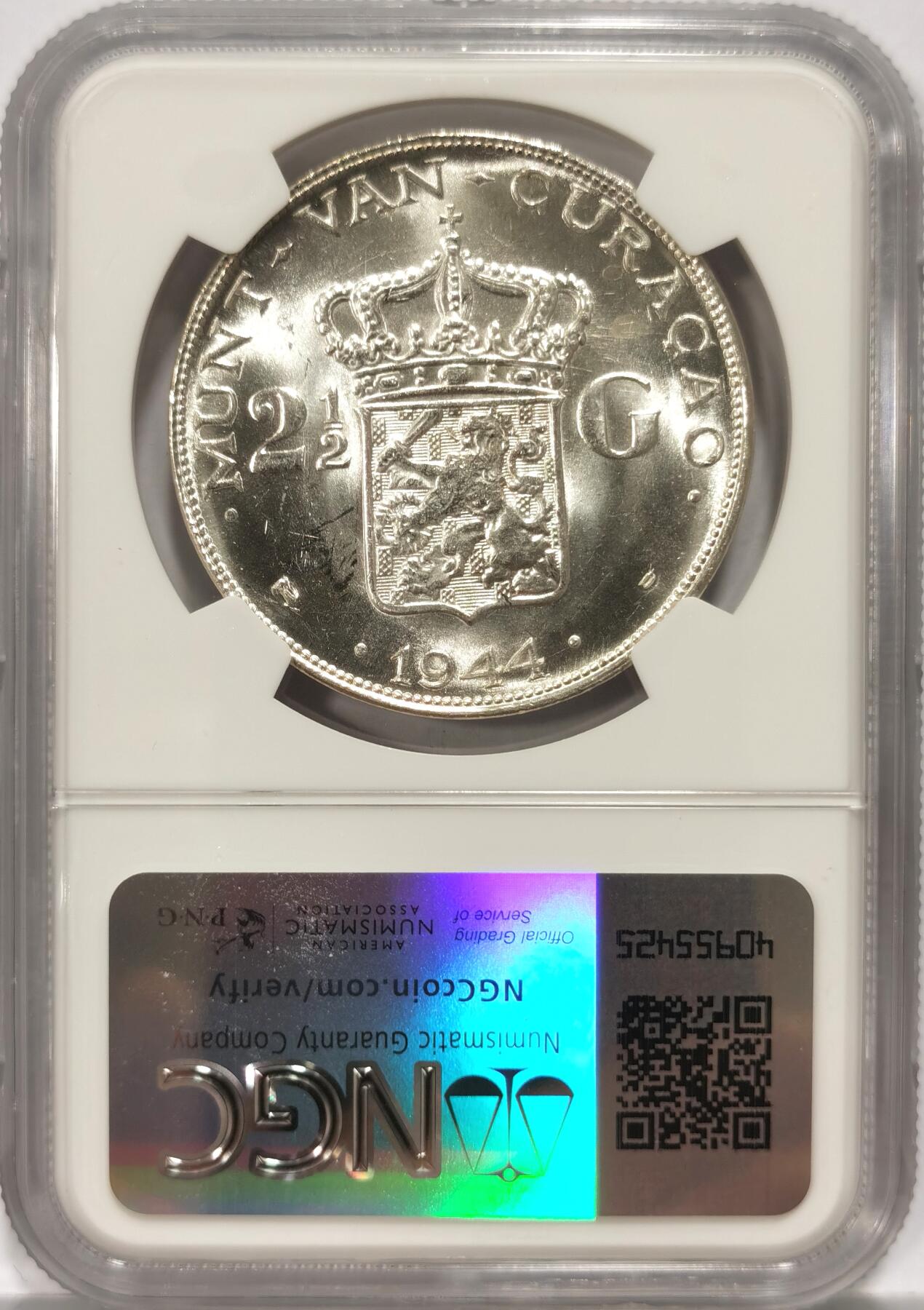 【麦稀奇世界钱币展】博洋堂“流萤染夏”六月精品专场暨第081期（全场包邮） NGC MS64 荷属库拉索1944年威廉明娜女王2.5盾大银币，原卷车轮光