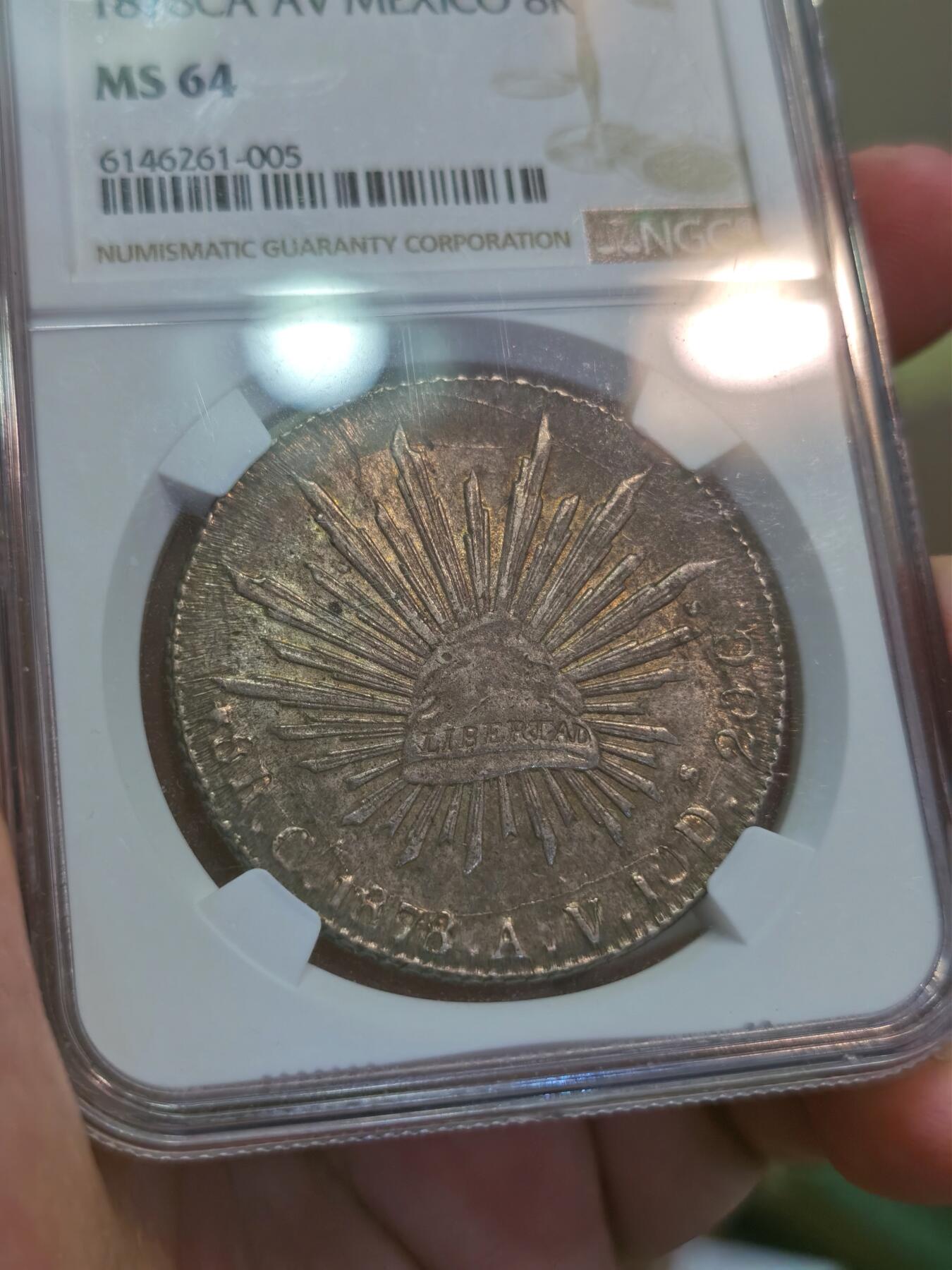 【麦稀奇世界钱币展】博洋堂“流萤染夏”六月精品专场暨第081期（全场包邮） NGC MS64 墨西哥1878年CA AV版花边鹰洋，黄油浓彩，NGC冠军分