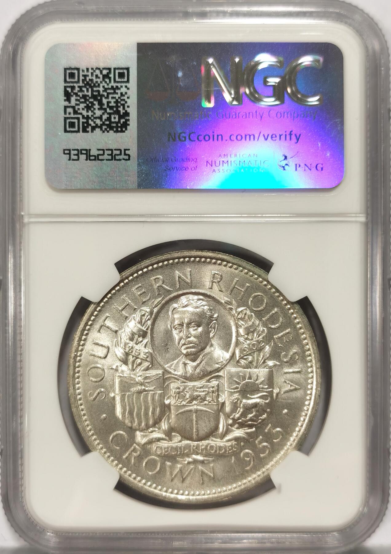 【麦稀奇世界钱币展】博洋堂“流萤染夏”六月精品专场暨第081期（全场包邮） NGC MS65 英属南罗得西亚1953年伊丽莎白二世1克朗大银币