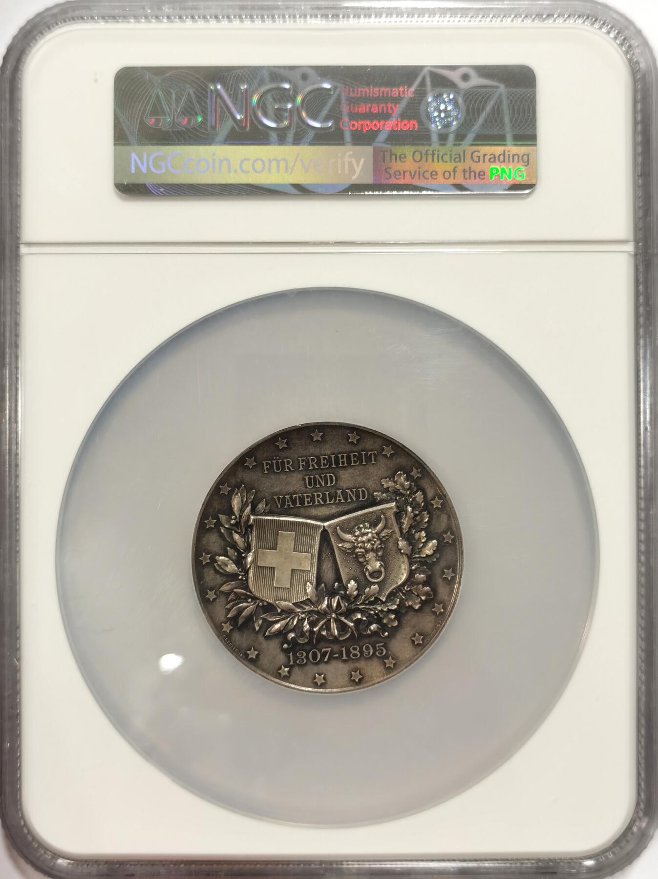 【麦稀奇世界钱币展】博洋堂“流萤染夏”六月精品专场暨第081期（全场包邮） 1895年瑞士乌里州威廉泰尔父子银章，NGC MS63，直径50mm