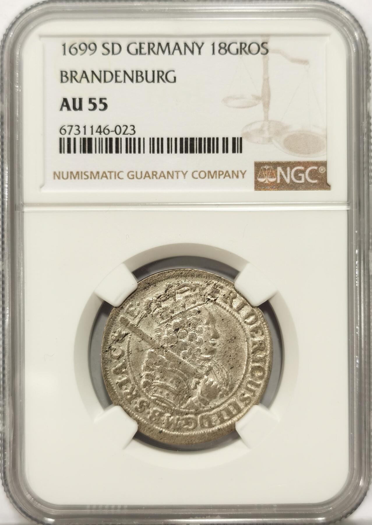 博洋堂“夏光旖旎”7月精品专场暨第085期（全场包邮） NGC AU55 德国勃兰登堡-普鲁士1699年18格罗申银币