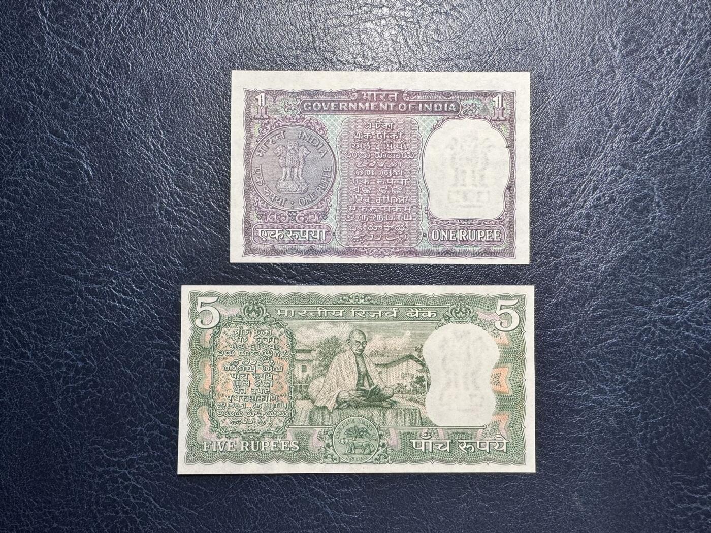 收藏联盟Quantum Auction 第353期拍卖  印度1969年1和5卢比圣雄甘地诞辰100周年纪念 品相UNC 自带出厂针孔