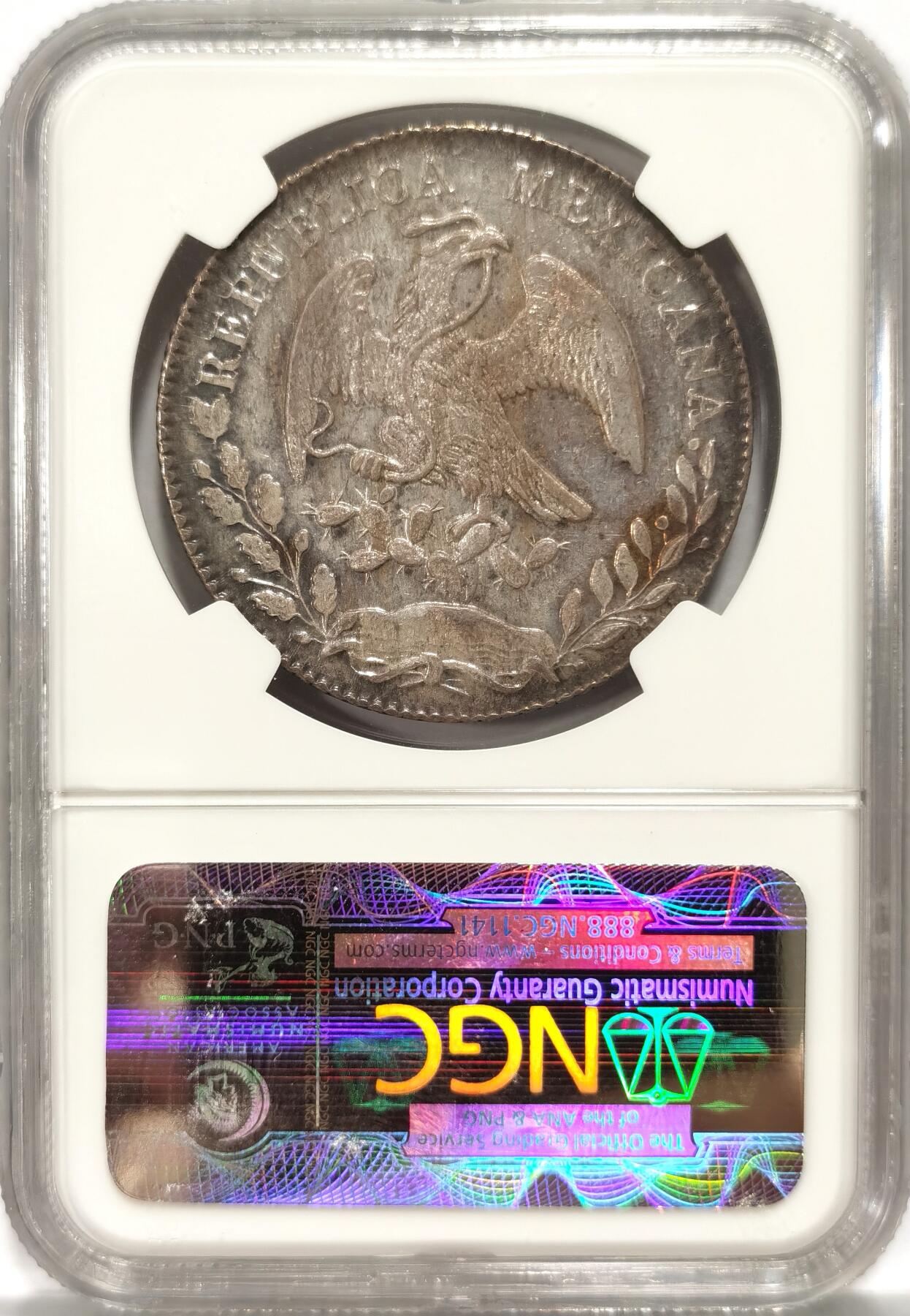 【麦稀奇世界钱币展】博洋堂“流萤染夏”六月精品专场暨第081期（全场包邮） NGC MS63 墨西哥1858年MO FH版花边鹰洋，窄年份版，少见Mo厂中期，极美五彩包浆