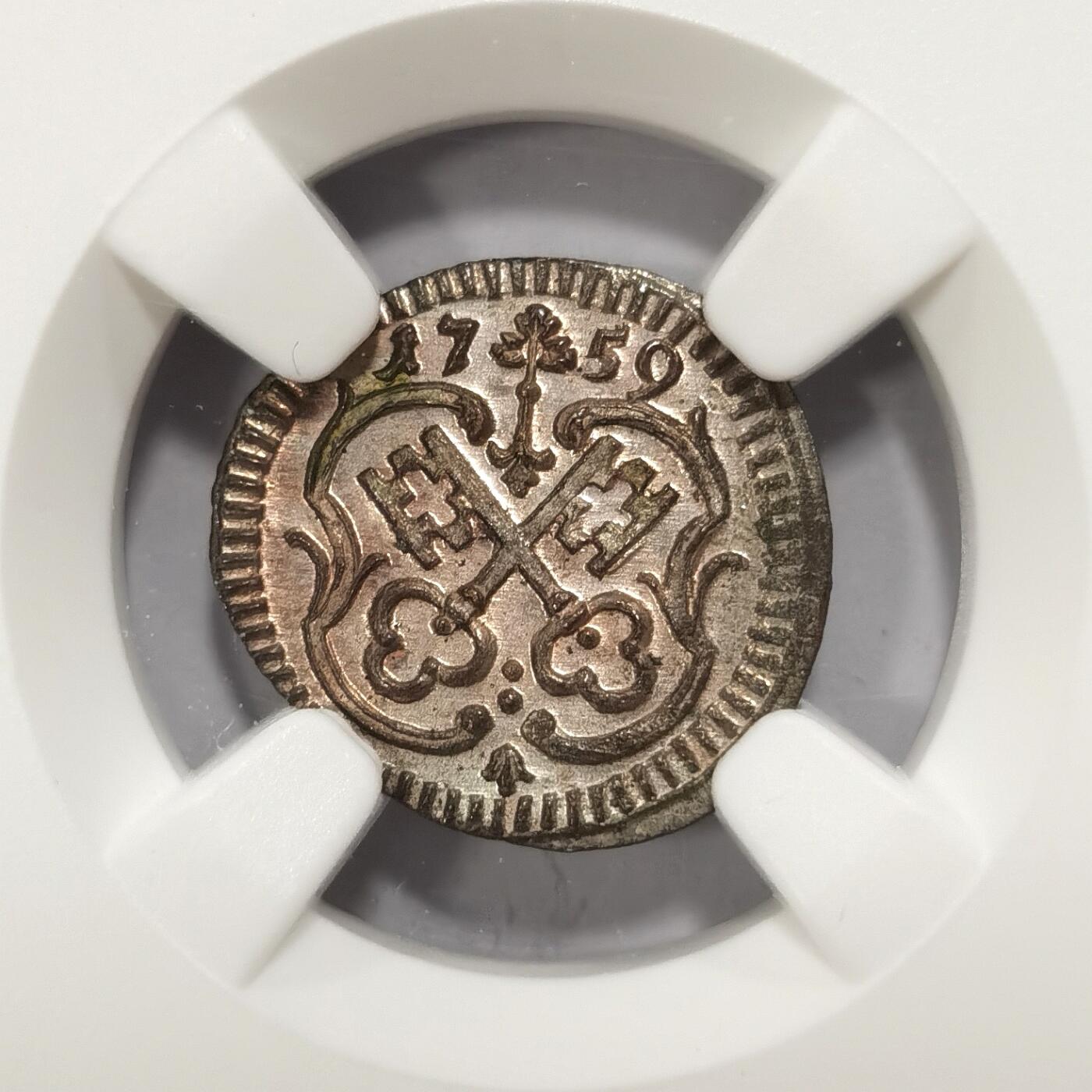 【麦稀奇世界钱币展】博洋堂“流萤染夏”六月精品专场暨第081期（全场包邮） NGC MS63 德国雷根斯堡1759年双钥匙1芬尼小银币