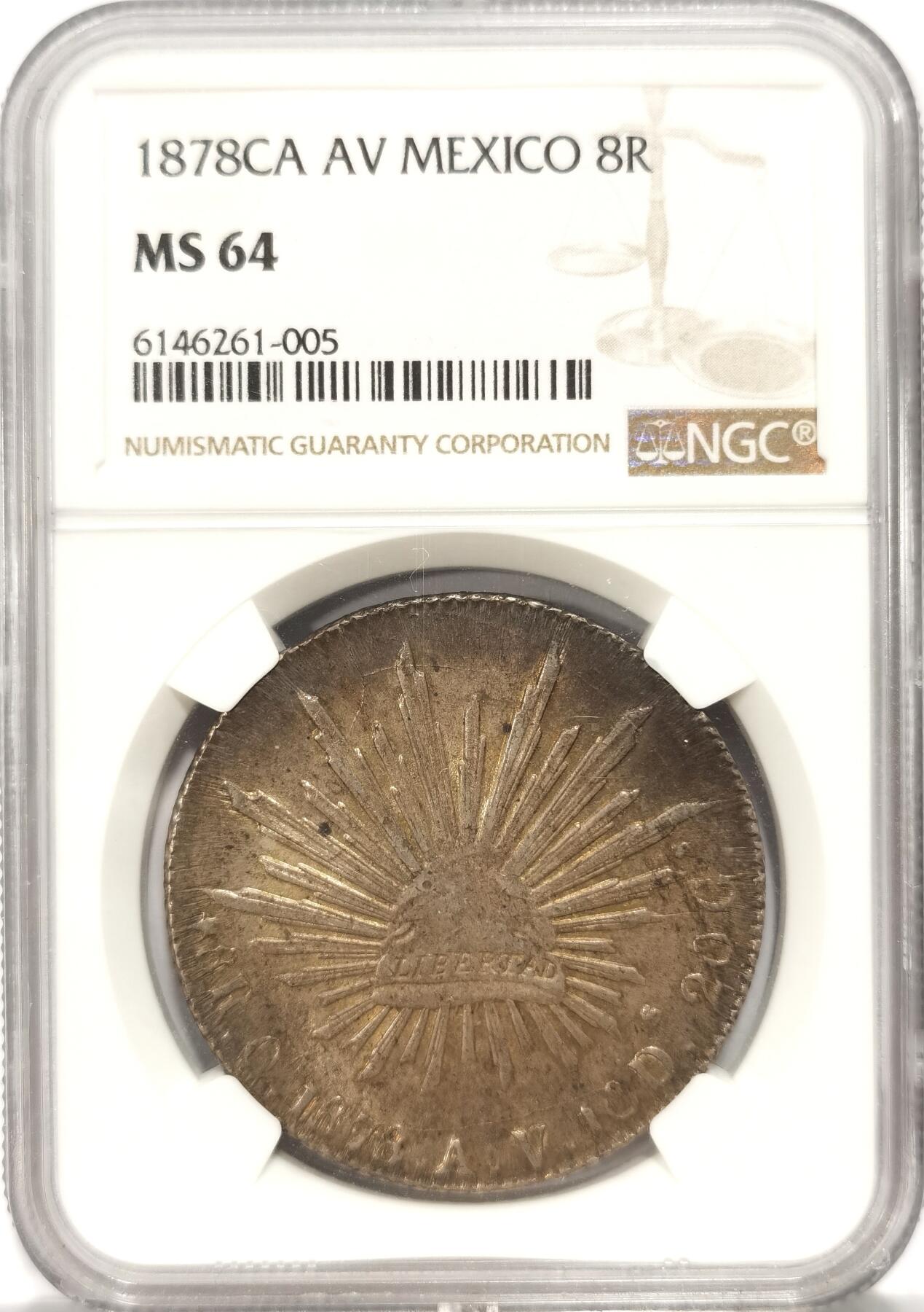 【麦稀奇世界钱币展】博洋堂“流萤染夏”六月精品专场暨第081期（全场包邮） NGC MS64 墨西哥1878年CA AV版花边鹰洋，黄油浓彩，NGC冠军分