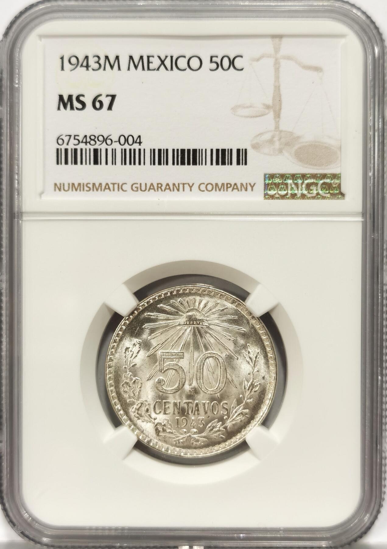 【麦稀奇世界钱币展】博洋堂“流萤染夏”六月精品专场暨第081期（全场包邮） NGC MS67 墨西哥1943年50分鹰洋银币，所见最高分