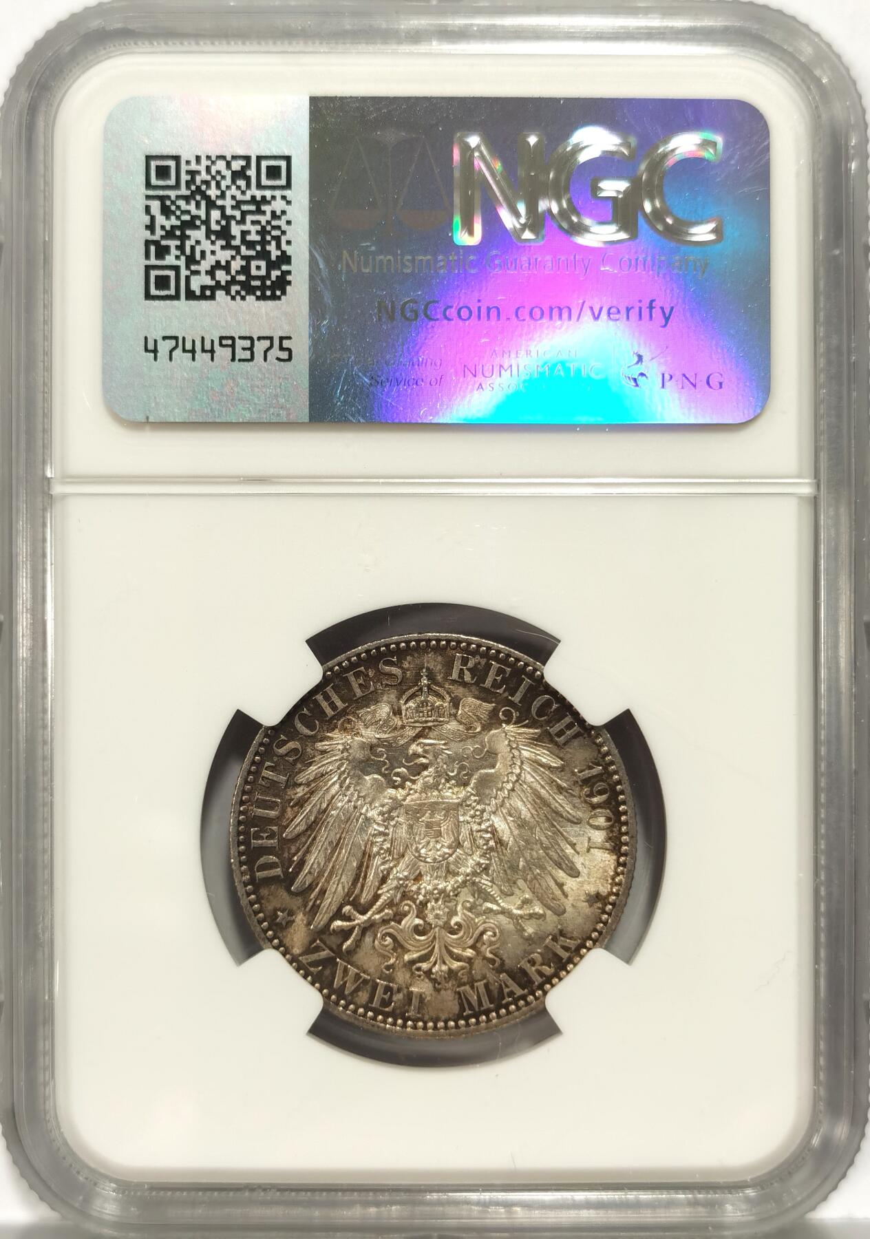 【麦稀奇世界钱币展】博洋堂“流萤染夏”六月精品专场暨第081期（全场包邮） NGC MS64 德国普鲁士1901二百年纪念2马克银币 德系最为经典的设计 背面包浆极好