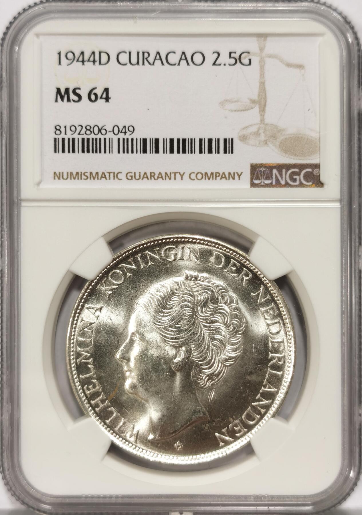 【麦稀奇世界钱币展】博洋堂“流萤染夏”六月精品专场暨第081期（全场包邮） NGC MS64 荷属库拉索1944年威廉明娜女王2.5盾大银币，原卷车轮光