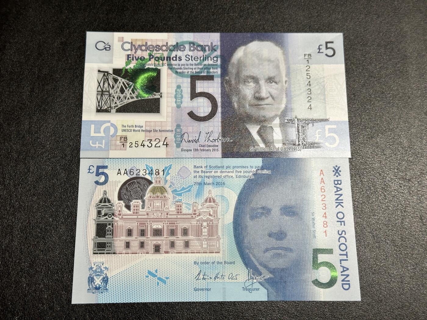 《外钞收藏家》第三百七十九期（连拍第一场） 苏格兰克莱斯戴尔银行5镑+苏格兰首发AA冠5镑 全新UNC