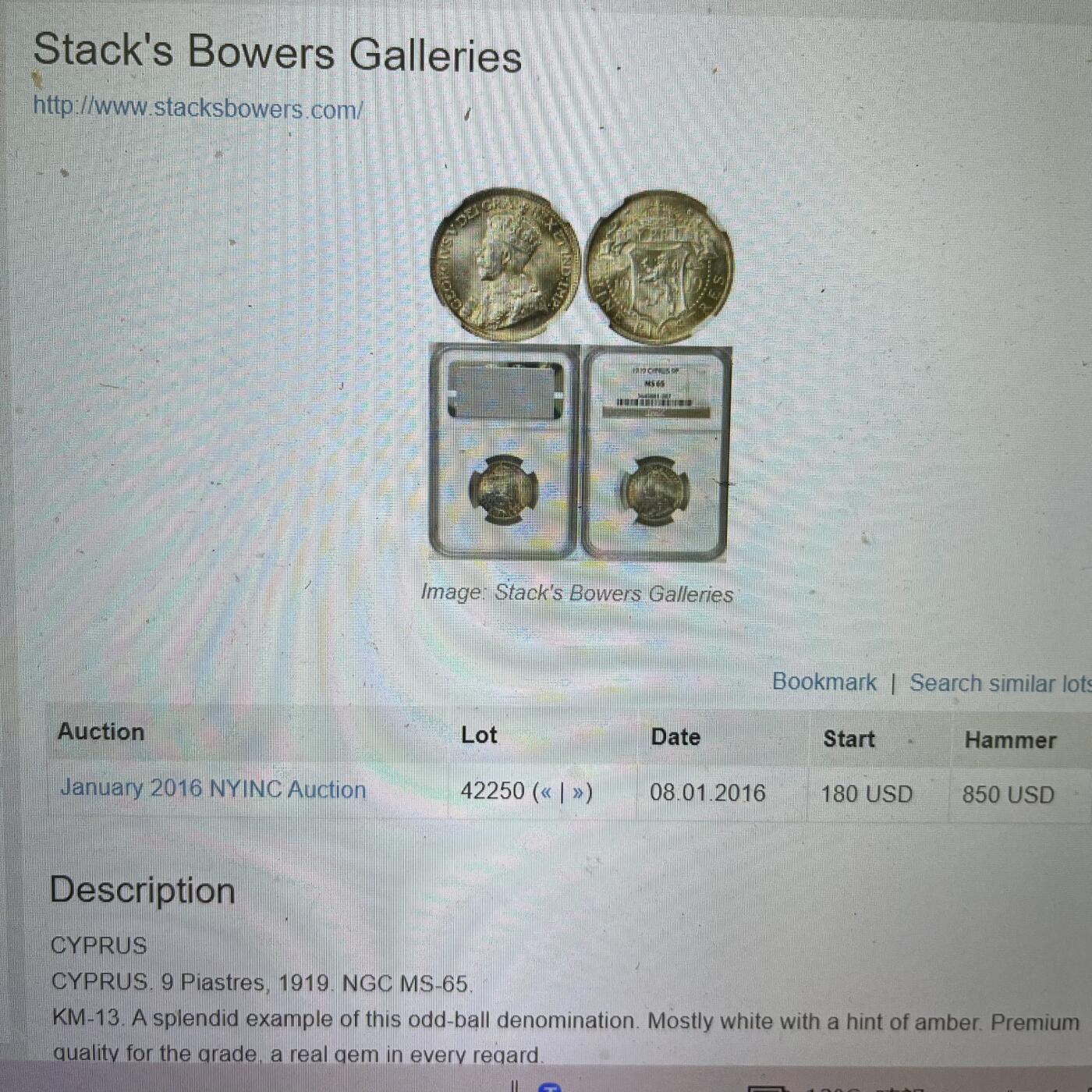NGC-MS65 1919英属塞浦路斯乔五9皮阿斯特银币 顶级品