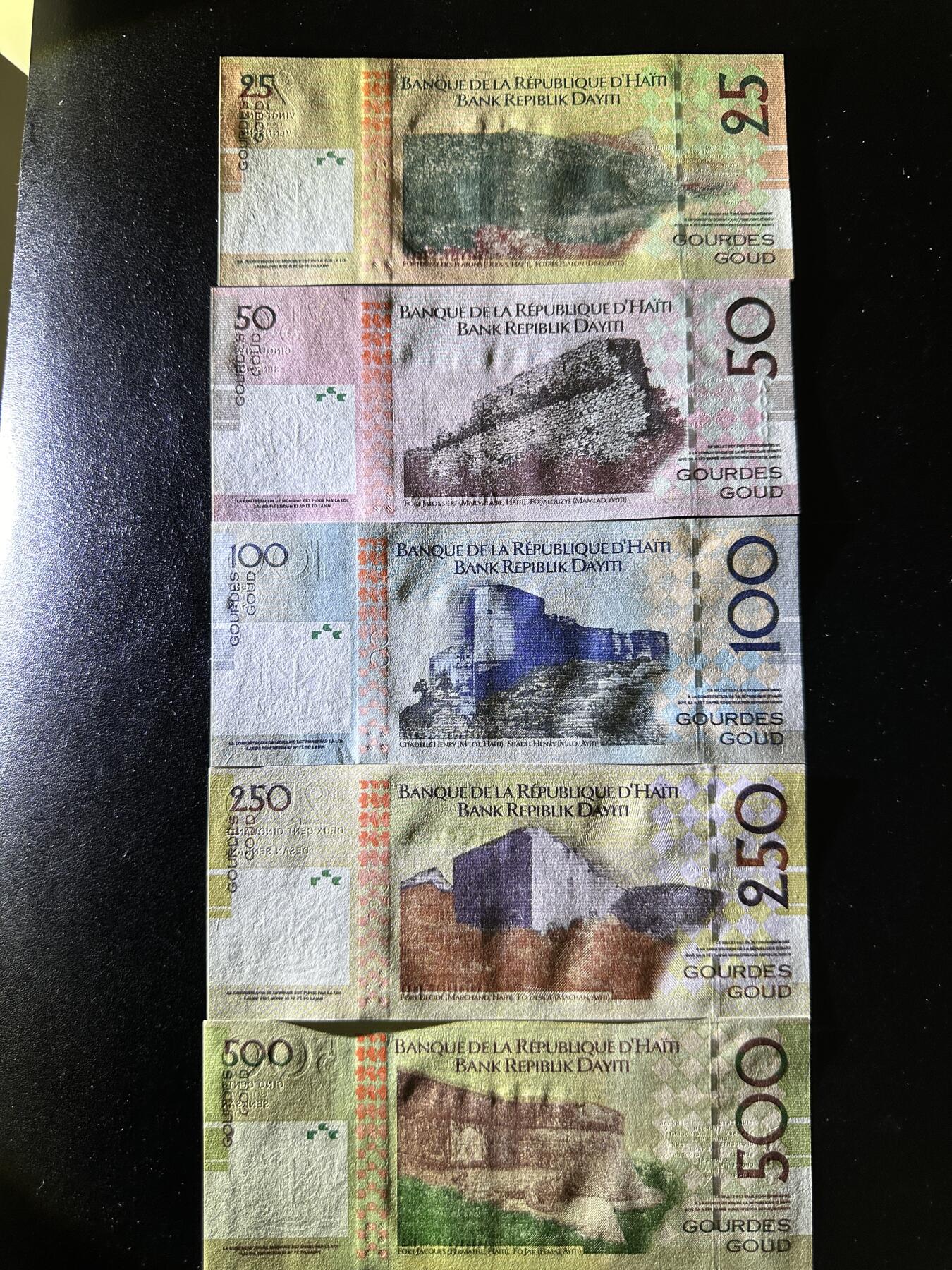 《外钞收藏家》第三百七十九期（连拍第一场） 2004年海地25-500古德 五张一起 全新UNC A冠 全同号 百位号