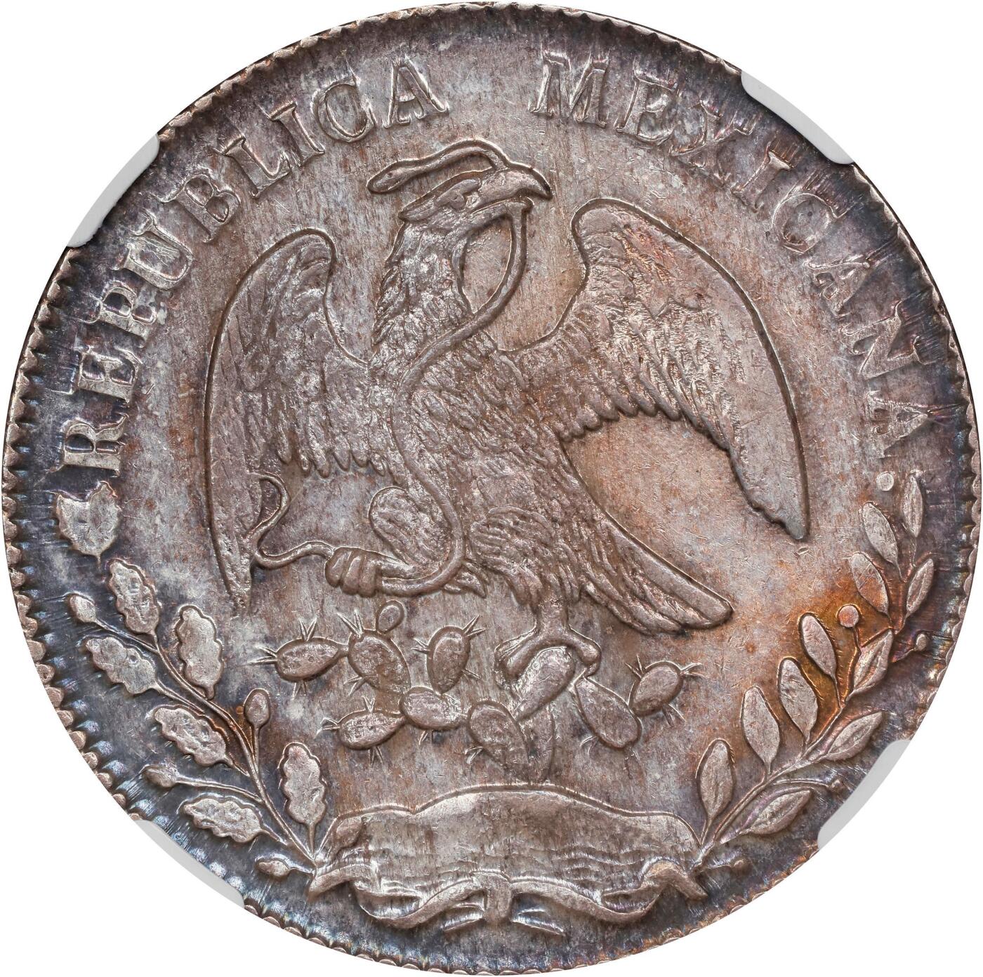 【麦稀奇世界钱币展】博洋堂“流萤染夏”六月精品专场暨第081期（全场包邮） NGC MS63 墨西哥1858年MO FH版花边鹰洋，窄年份版，少见Mo厂中期，极美五彩包浆