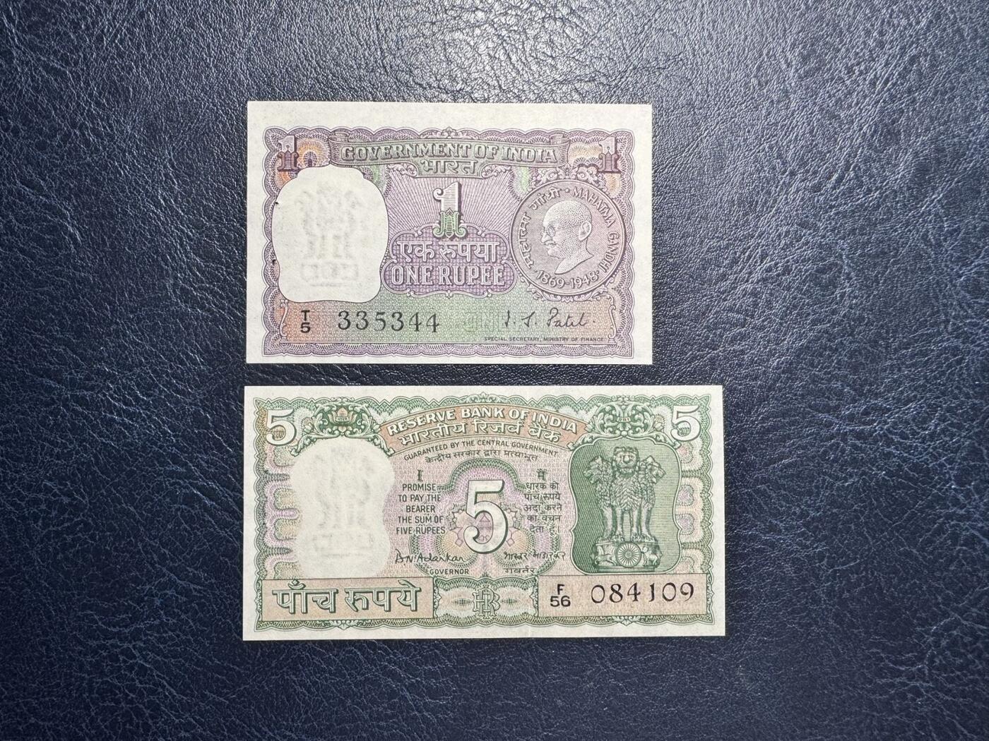 收藏联盟Quantum Auction 第353期拍卖  印度1969年1和5卢比圣雄甘地诞辰100周年纪念 品相UNC 自带出厂针孔