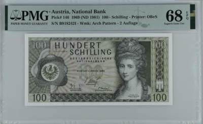 《张总收藏》154期-外币周日精品场 - 奥地利1969年100先令PMG68E冠军分  该分数全球仅6张 女画家考夫曼