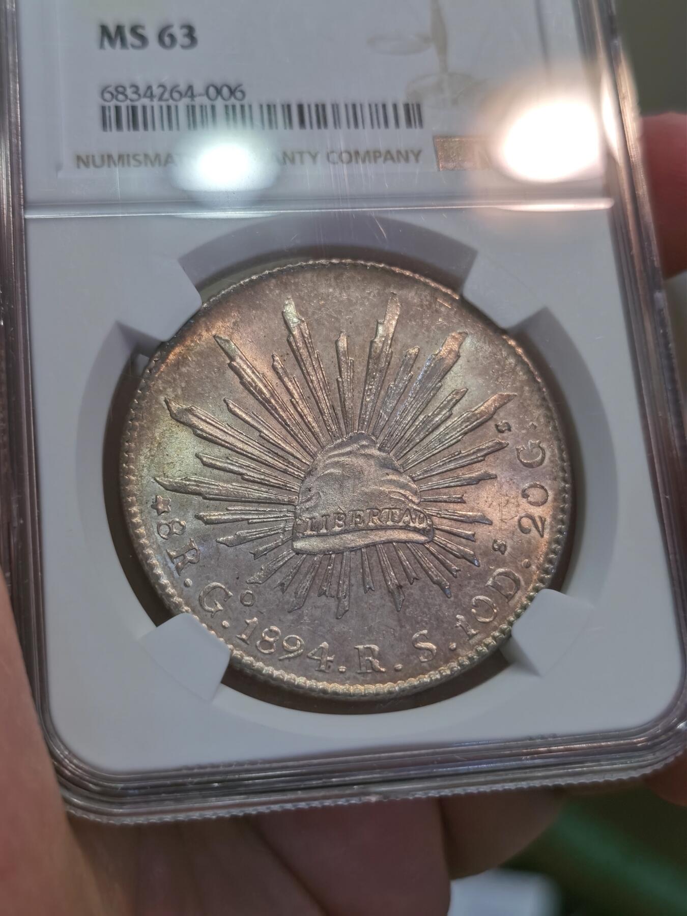 【麦稀奇世界钱币展】博洋堂“流萤染夏”六月精品专场暨第081期（全场包邮） NGC MS63 墨西哥1894年GO RS版花边鹰洋，原光深打