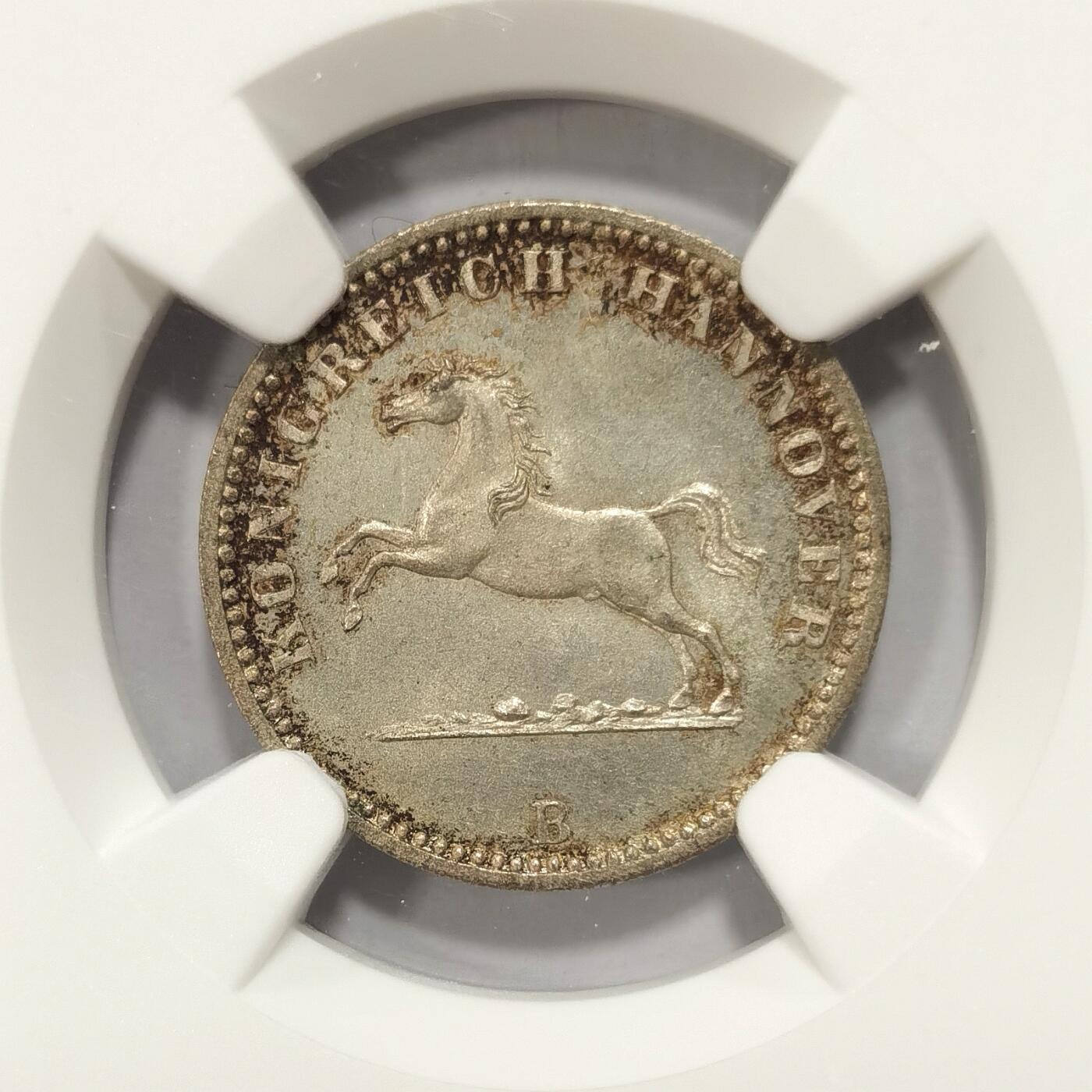 【麦稀奇世界钱币展】博洋堂“流萤染夏”六月精品专场暨第081期（全场包邮） NGC MS64 德国汉诺威1865年奔马1格罗申银币