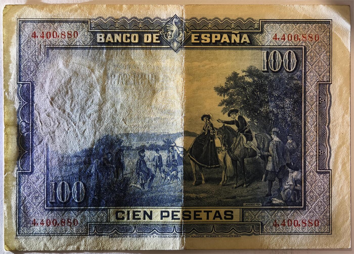 紫瑗钱币——第365期拍卖——纸币场 西班牙 1928年 中央银行 油画《唐吉坷德》 100比塞塔 AU