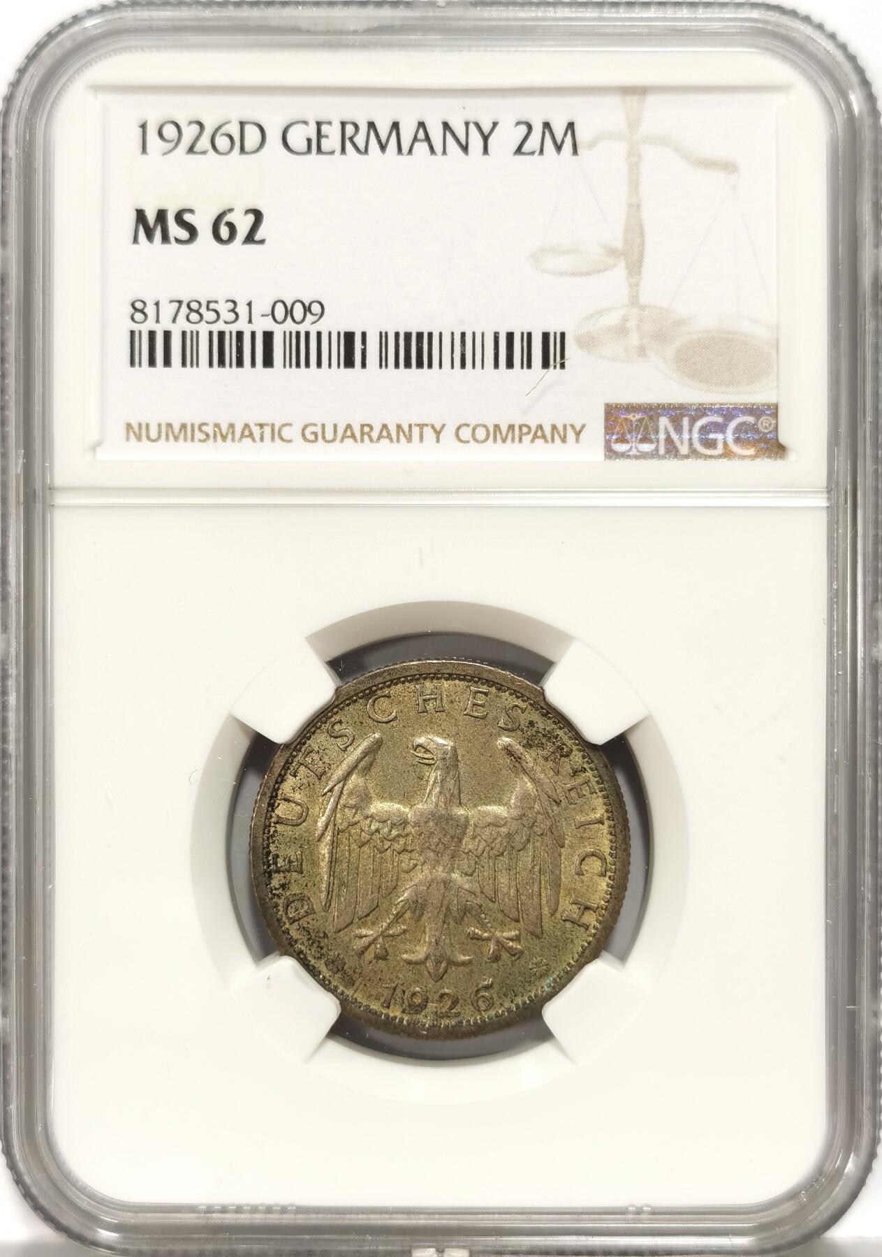 【麦稀奇世界钱币展】博洋堂“流萤染夏”六月精品专场暨第081期（全场包邮） NGC MS62 德国魏玛共和国1926年2马克银币 自然黄油包浆非常养眼 高点均在