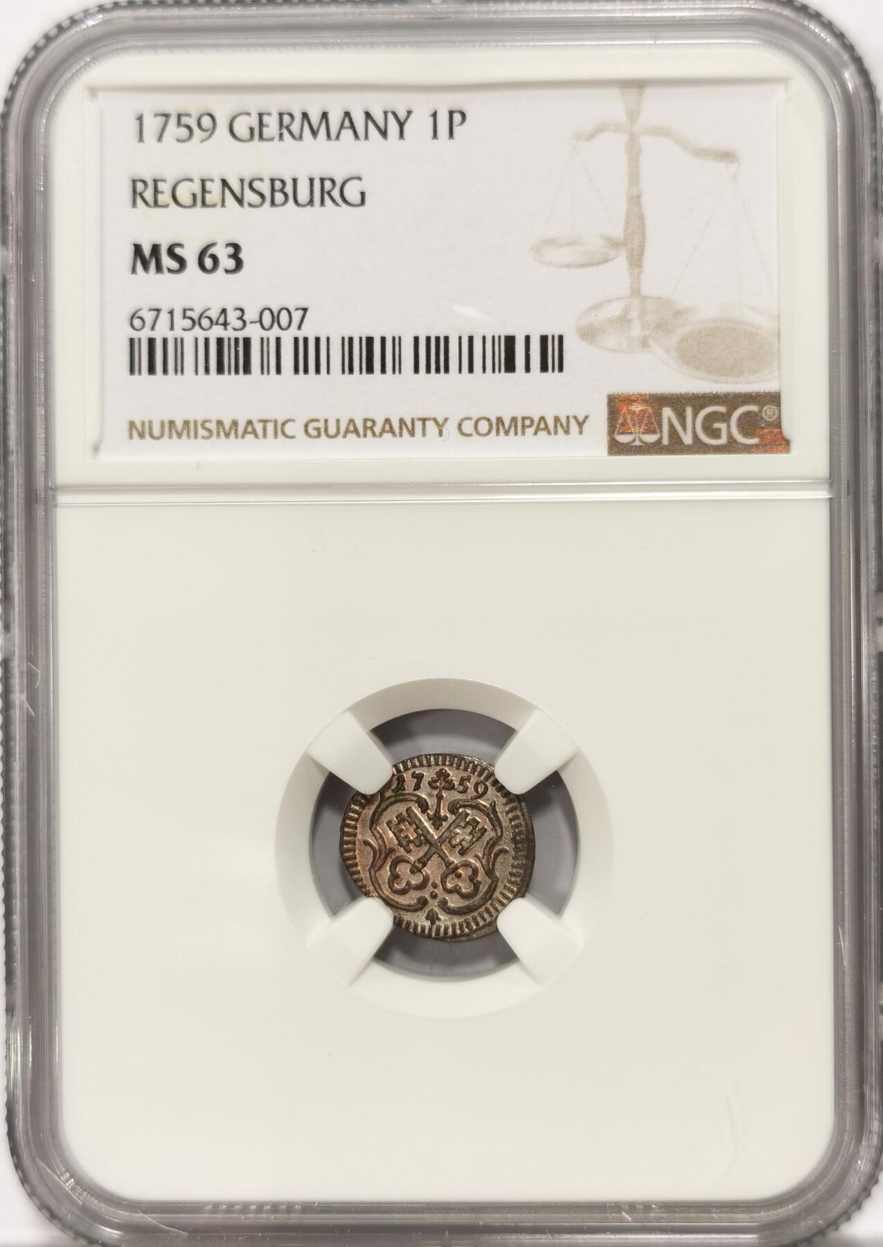 【麦稀奇世界钱币展】博洋堂“流萤染夏”六月精品专场暨第081期（全场包邮） NGC MS63 德国雷根斯堡1759年双钥匙1芬尼小银币