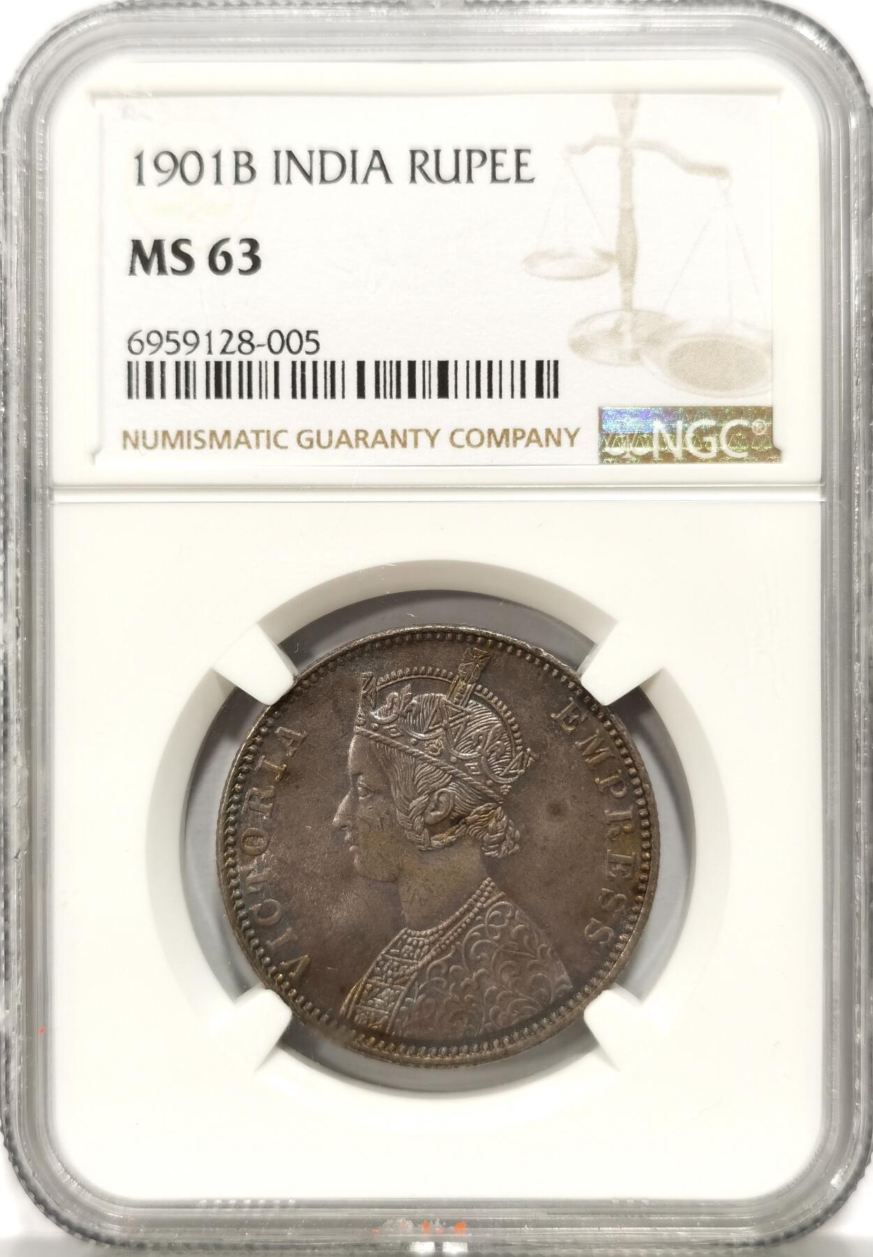 【麦稀奇世界钱币展】博洋堂“流萤染夏”六月精品专场暨第081期（全场包邮） NGC MS63 英属印度1901年B版维多利亚1卢比银币，极品香槟玫瑰色包浆