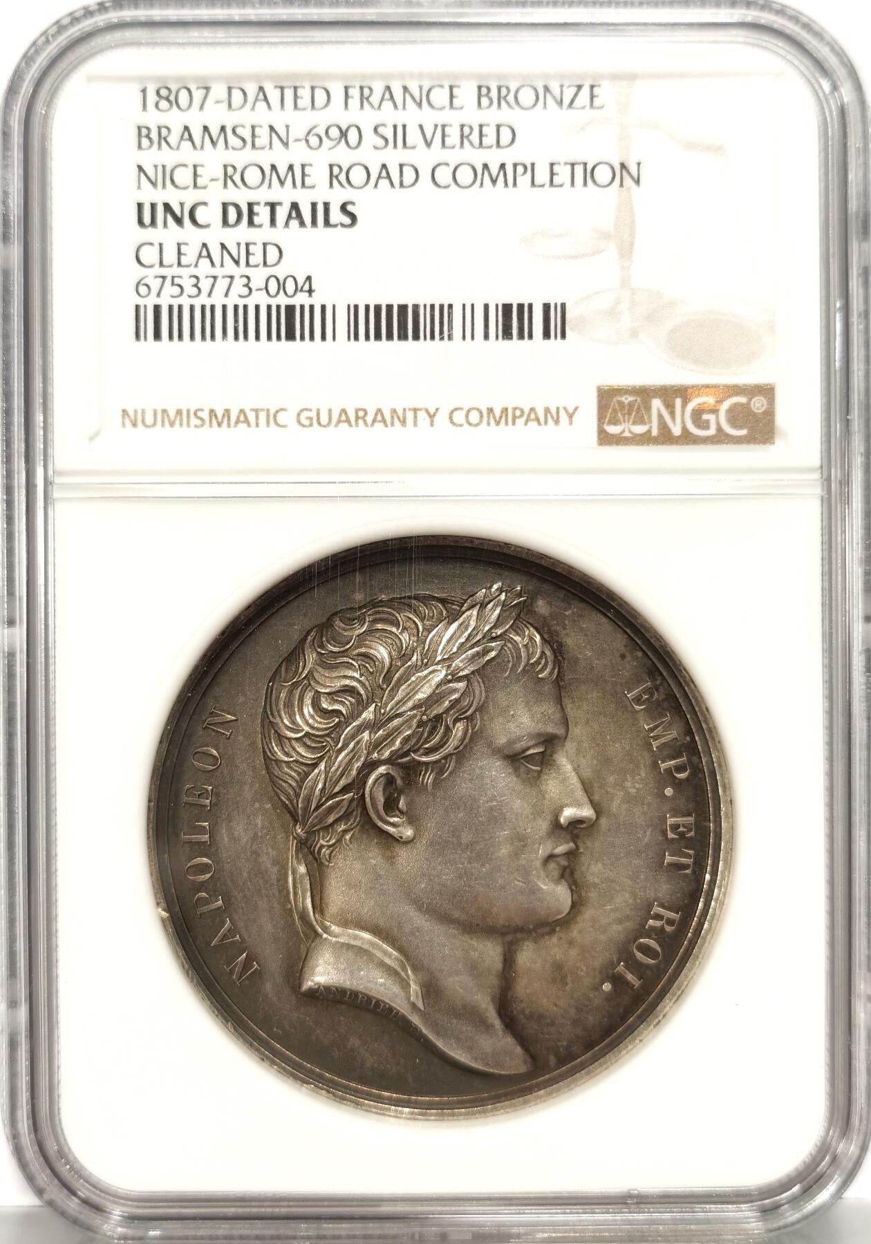 【麦稀奇世界钱币展】博洋堂“流萤染夏”六月精品专场暨第081期（全场包邮） NGC UNCD 法国1807年拿破仑镀银铜章，原铸少见品种，从尼斯到罗马的开通纪念