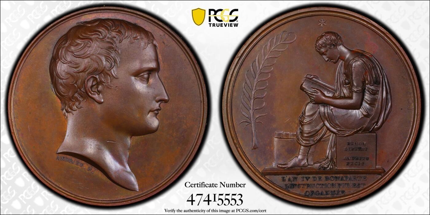 【麦稀奇世界钱币展】博洋堂“流萤染夏”六月精品专场暨第081期（全场包邮） PCGS SP64 法国1802年拿破仑公共教育纪念原铸铜章  巧克力包浆，凯撒头发型稀少难得