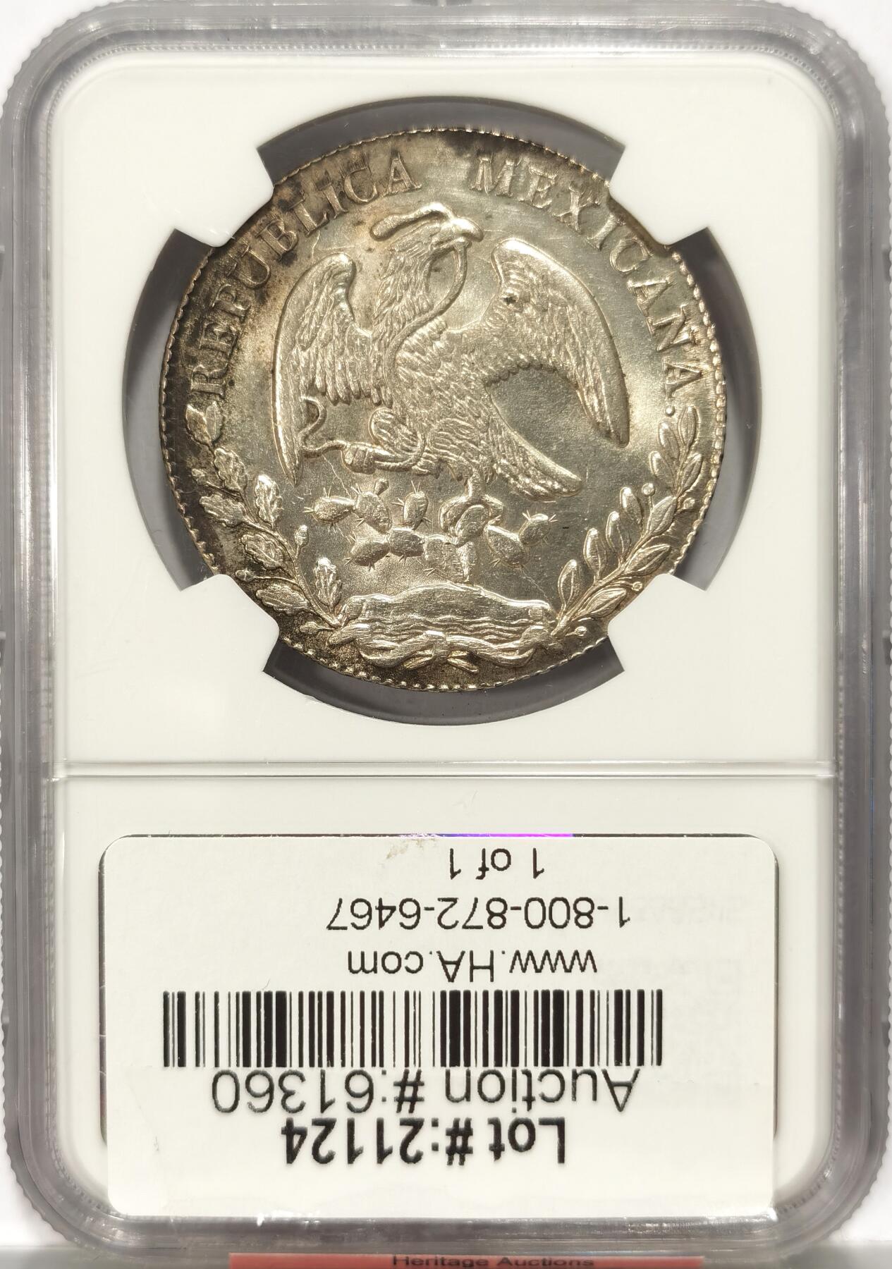 【麦稀奇世界钱币展】博洋堂“流萤染夏”六月精品专场暨第081期（全场包邮） NGC MS62 墨西哥1869年MO CH版花边鹰洋 中期鹰洋 原味深打