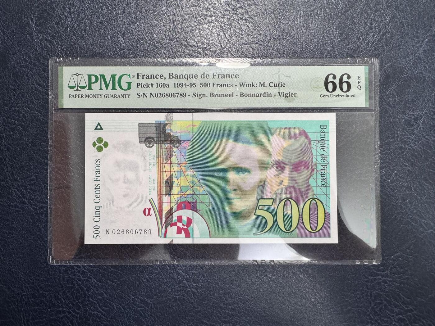 收藏联盟Quantum Auction 第353期拍卖  法国1994-95年500法郎 PMG66 首发年份 号码全程无4尾号6789顺子 两届诺贝尔化学奖得主 居里夫人