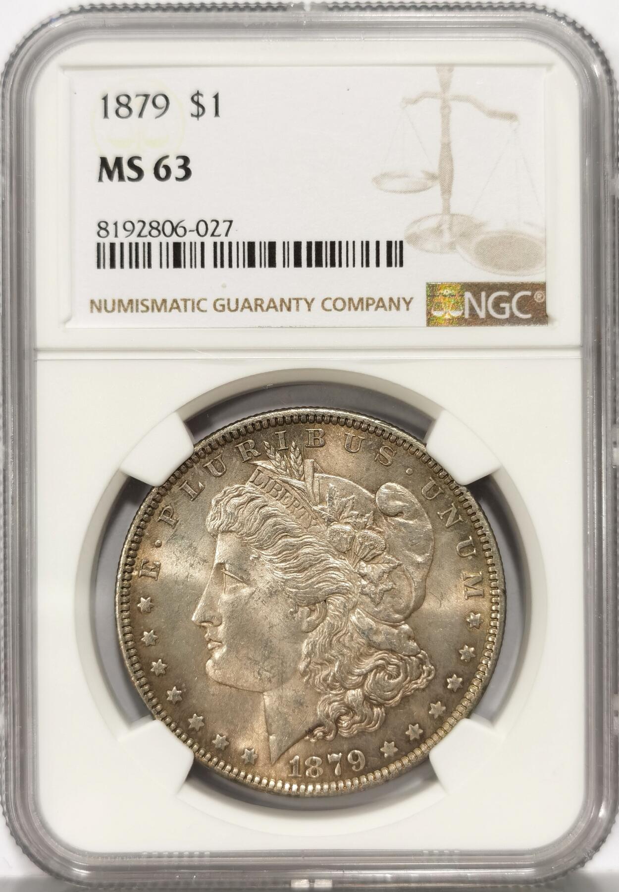 【麦稀奇世界钱币展】博洋堂“流萤染夏”六月精品专场暨第081期（全场包邮） NGC MS63 美国1879年摩根大银币，早期年份，均匀淡彩包浆