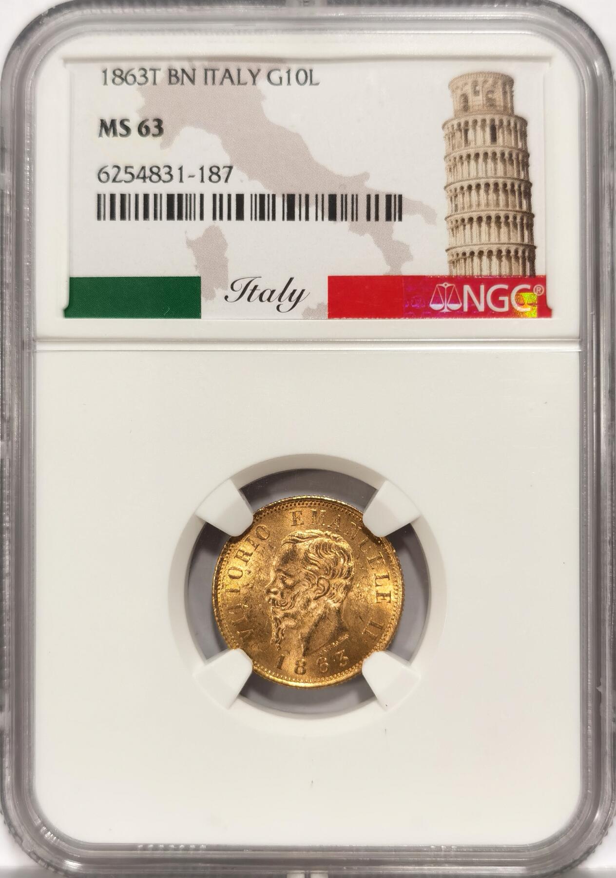 【麦稀奇世界钱币展】博洋堂“流萤染夏”六月精品专场暨第081期（全场包邮） NGC MS63 1863年意大利10里拉金币，ngc欧洲本土评级特殊标签，10里拉少见高分，上月底泓盛有枚同年份同分者含佣3680元成交，重点关注品种