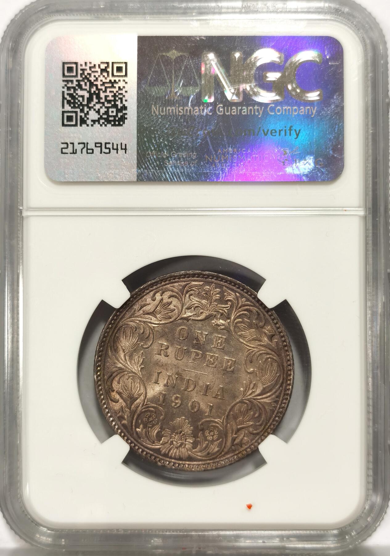 【麦稀奇世界钱币展】博洋堂“流萤染夏”六月精品专场暨第081期（全场包邮） NGC MS63 英属印度1901年B版维多利亚1卢比银币，极品香槟玫瑰色包浆