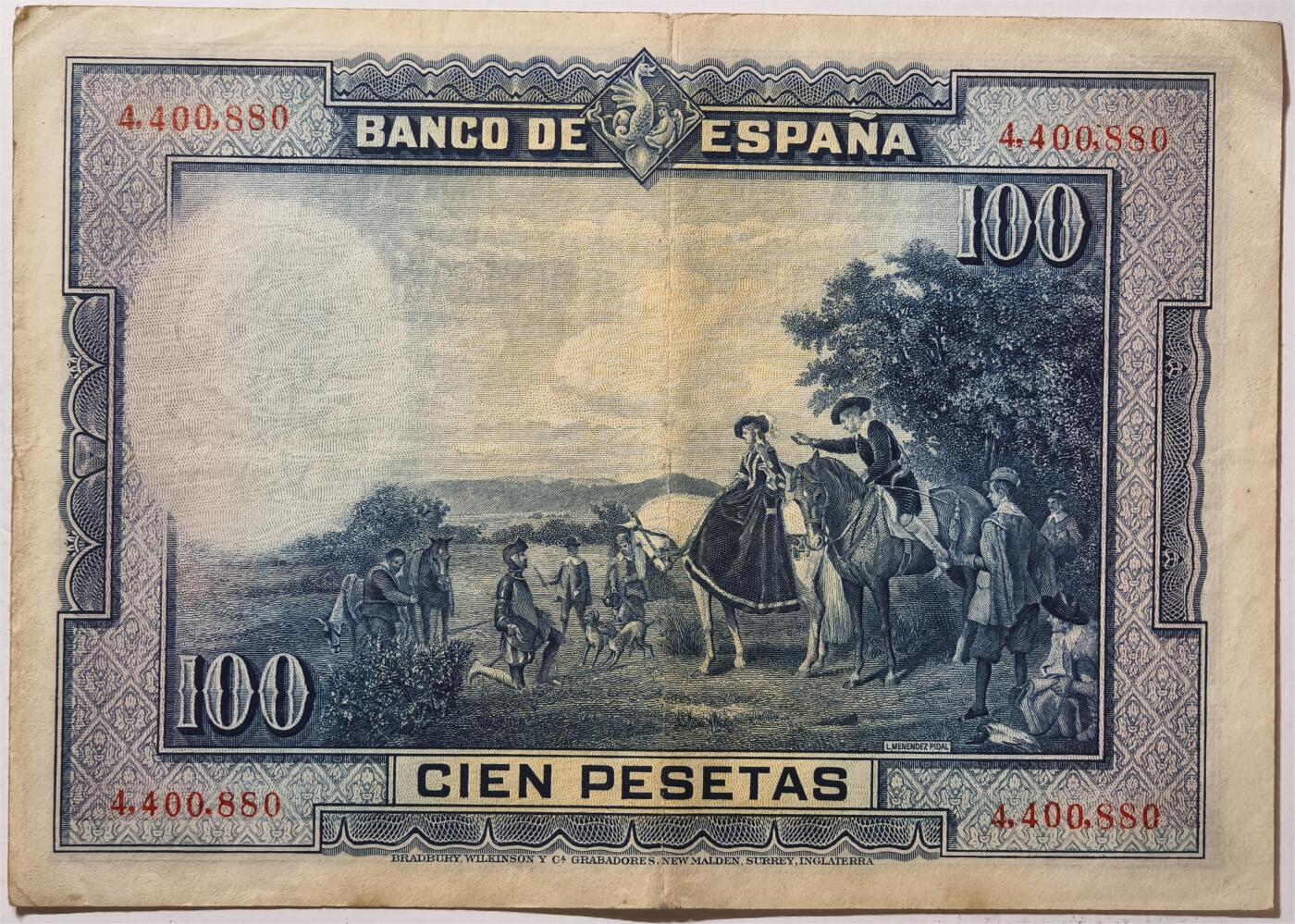 紫瑗钱币——第365期拍卖——纸币场 西班牙 1928年 中央银行 油画《唐吉坷德》 100比塞塔 AU