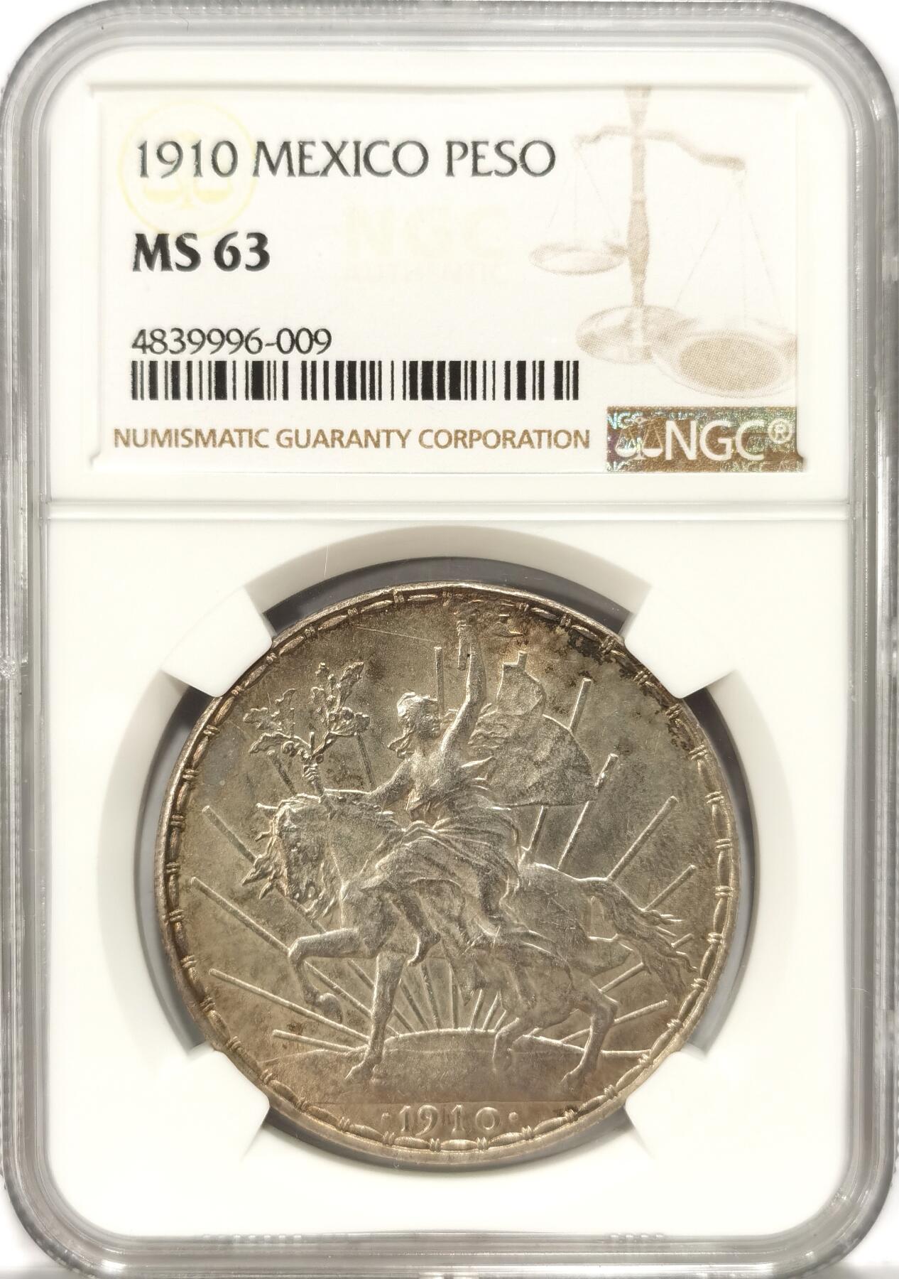 【麦稀奇世界钱币展】博洋堂“流萤染夏”六月精品专场暨第081期（全场包邮） NGC MS63 1910年墨西哥美女骑马1比索鹰洋