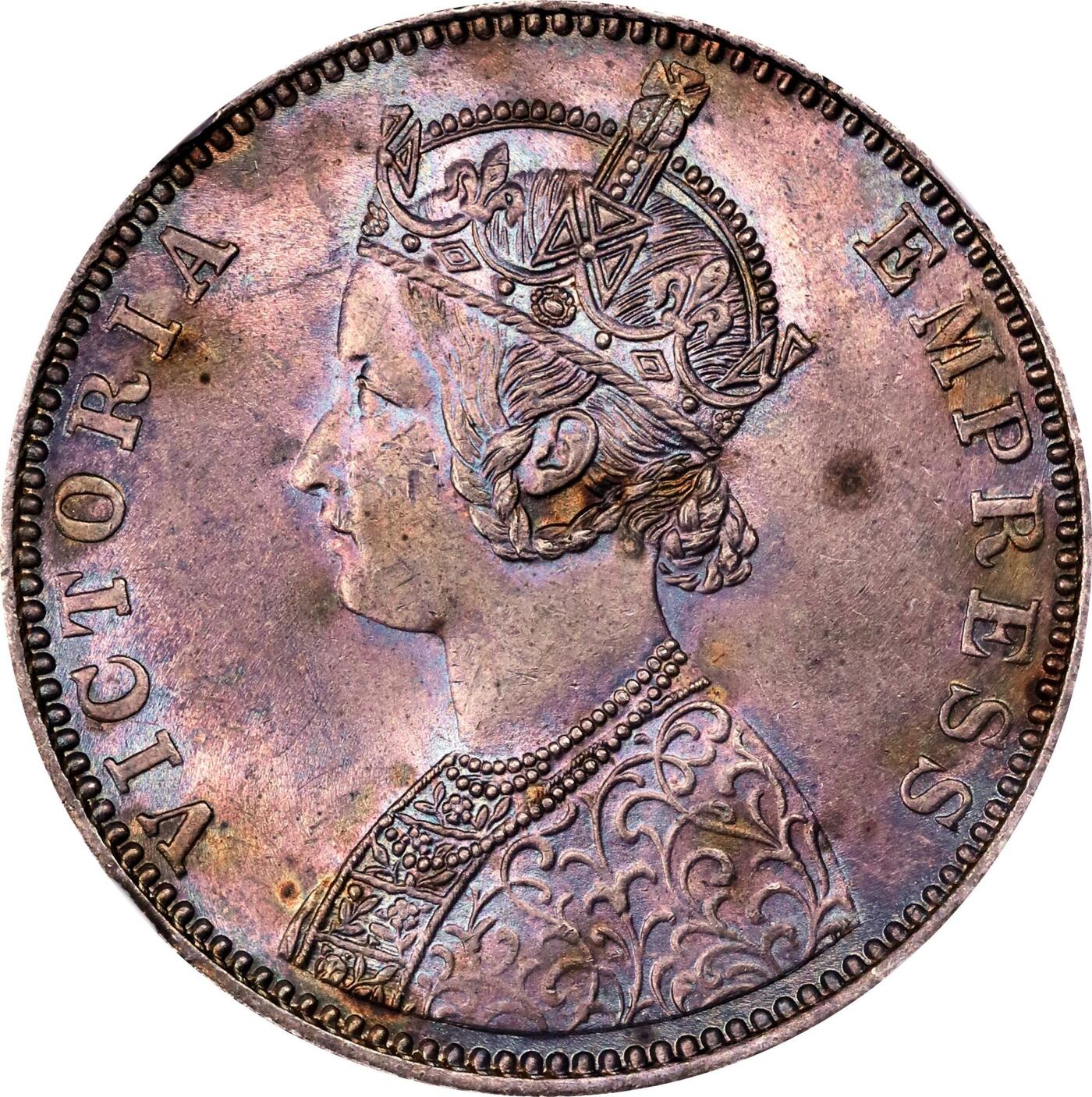 【麦稀奇世界钱币展】博洋堂“流萤染夏”六月精品专场暨第081期（全场包邮） NGC MS63 英属印度1901年B版维多利亚1卢比银币，极品香槟玫瑰色包浆