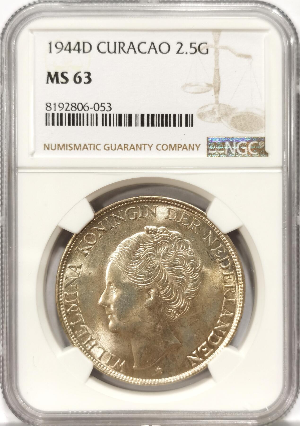 【麦稀奇世界钱币展】博洋堂“流萤染夏”六月精品专场暨第081期（全场包邮） NGC MS63 荷属库拉索1944年威廉明娜女王2.5盾大银币，黄油包浆