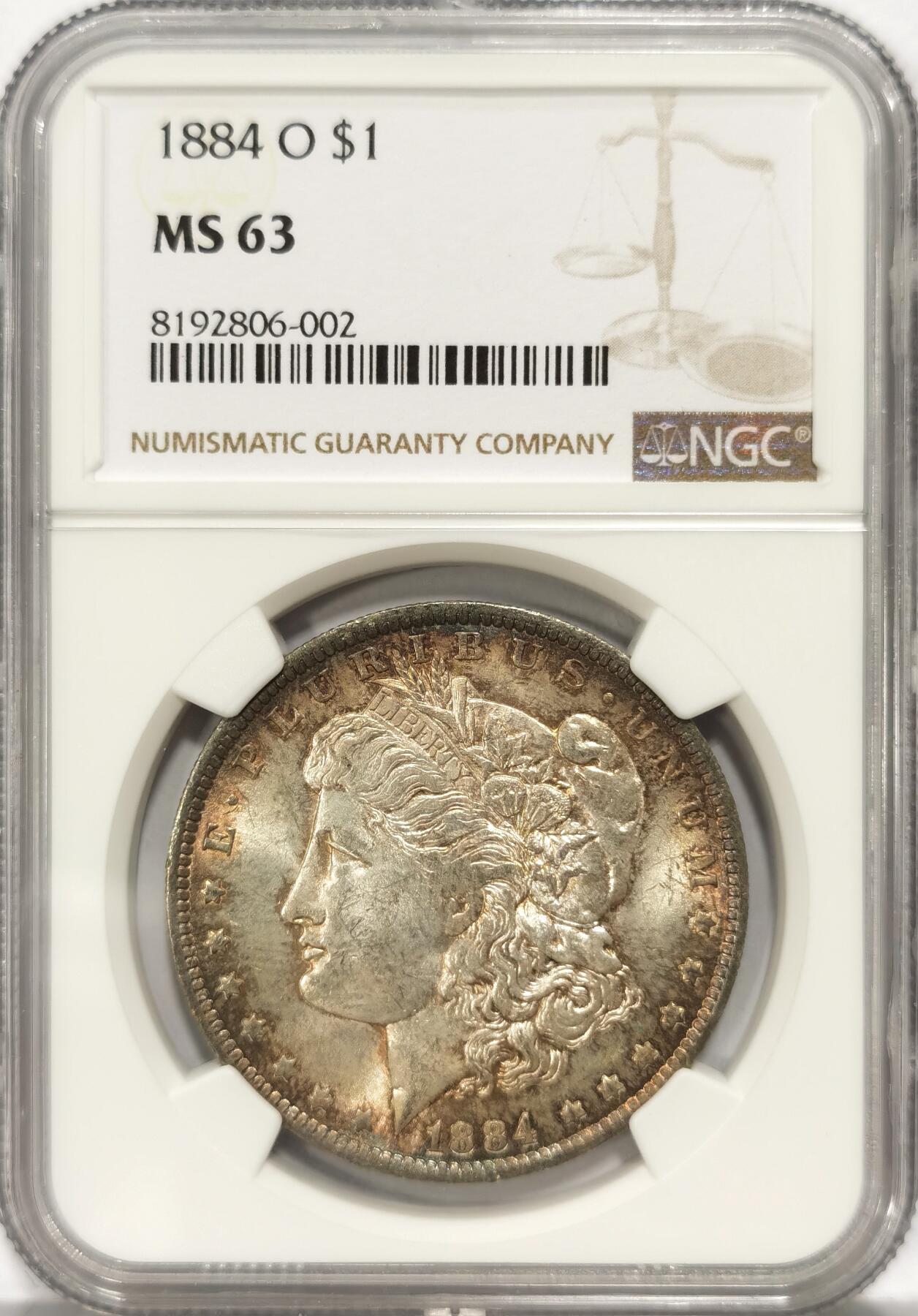 【麦稀奇世界钱币展】博洋堂“流萤染夏”六月精品专场暨第081期（全场包邮） NGC MS63 美国1884年O版摩根大银币，醇美五彩包浆，引人入胜