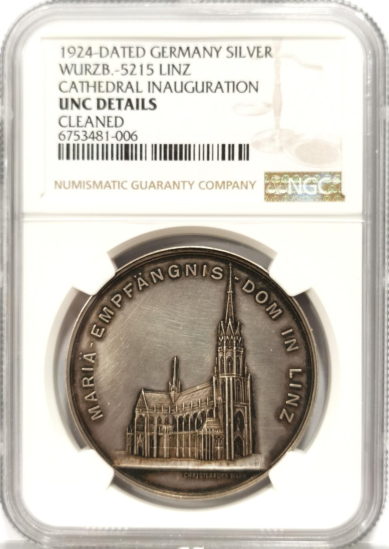 【麦稀奇世界钱币展】博洋堂“流萤染夏”六月精品专场暨第081期（全场包邮） NGC UNCD 德国1924年维尔茨堡古典小银章，品相完美，纯银教堂高浮雕，细节完美，极少见品种，难得的教堂银章，收藏极品！