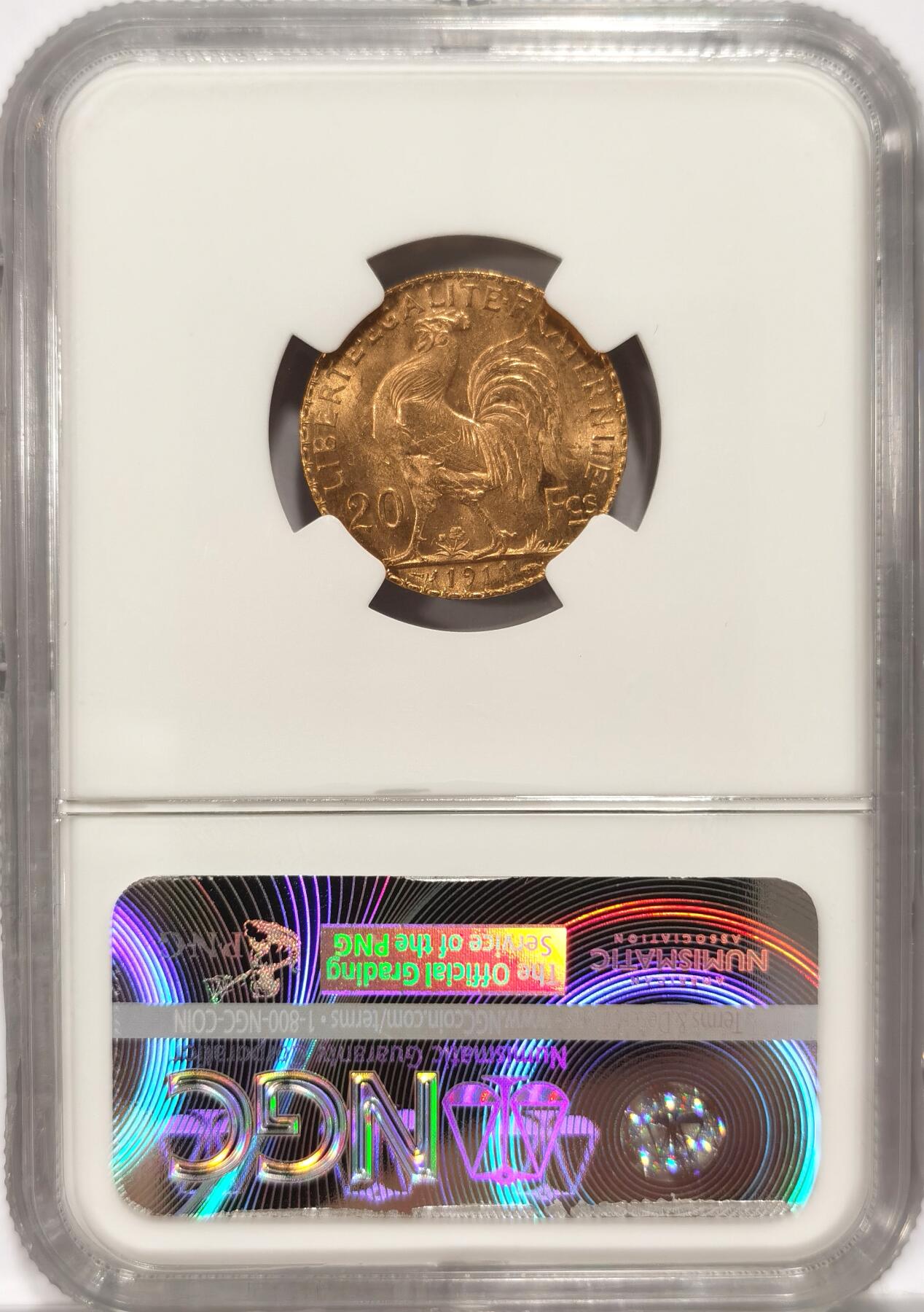 【麦稀奇世界钱币展】博洋堂“流萤染夏”六月精品专场暨第081期（全场包邮） NGC MS64 1911年法国玛丽安娜金鸡20法郎金币