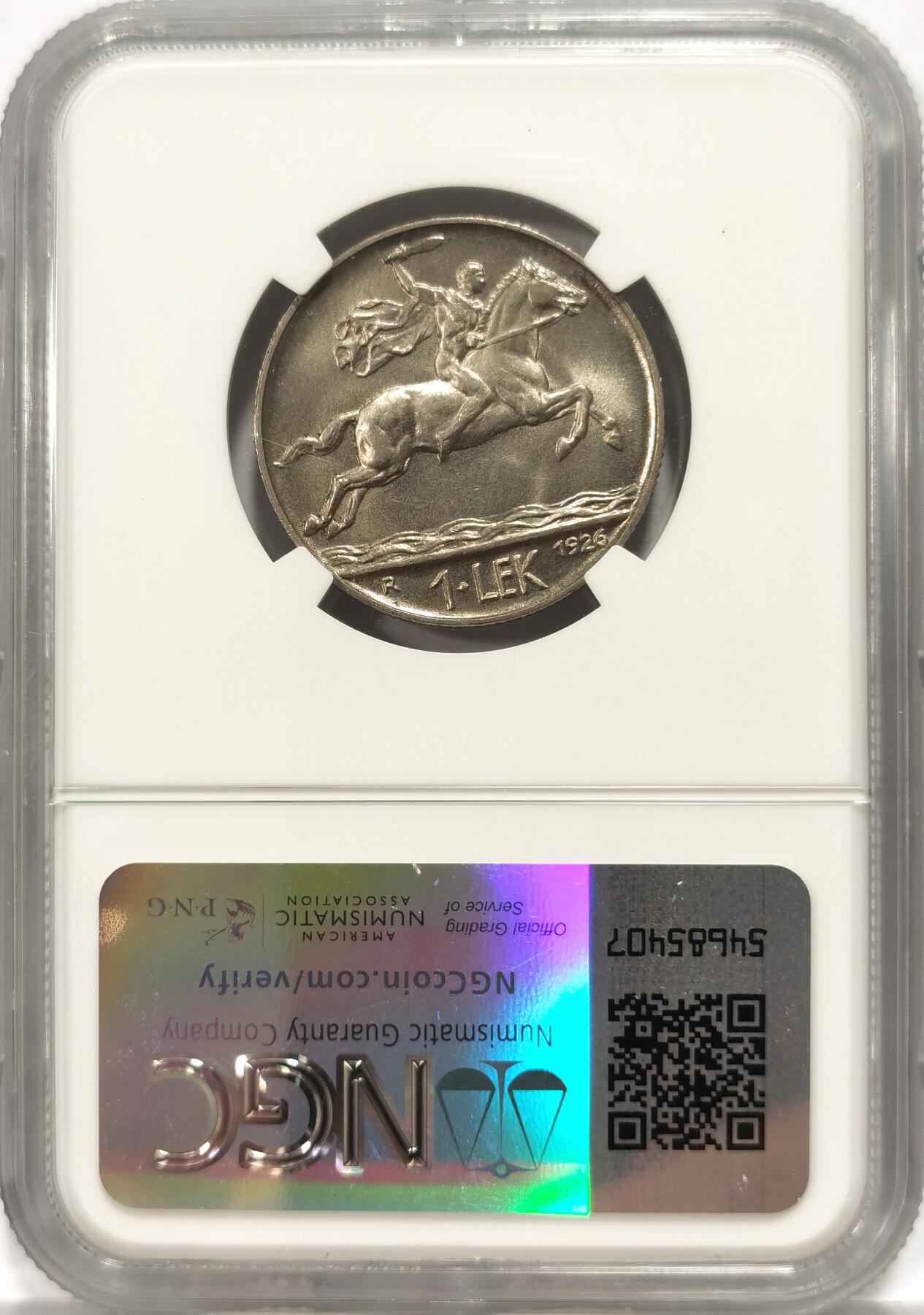 【麦稀奇世界钱币展】博洋堂“流萤染夏”六月精品专场暨第081期（全场包邮） NGC MS65 阿尔巴尼亚1926年1列克 人物形象刚劲有力 发丝分明 满满的意属钱币设计 罗马造