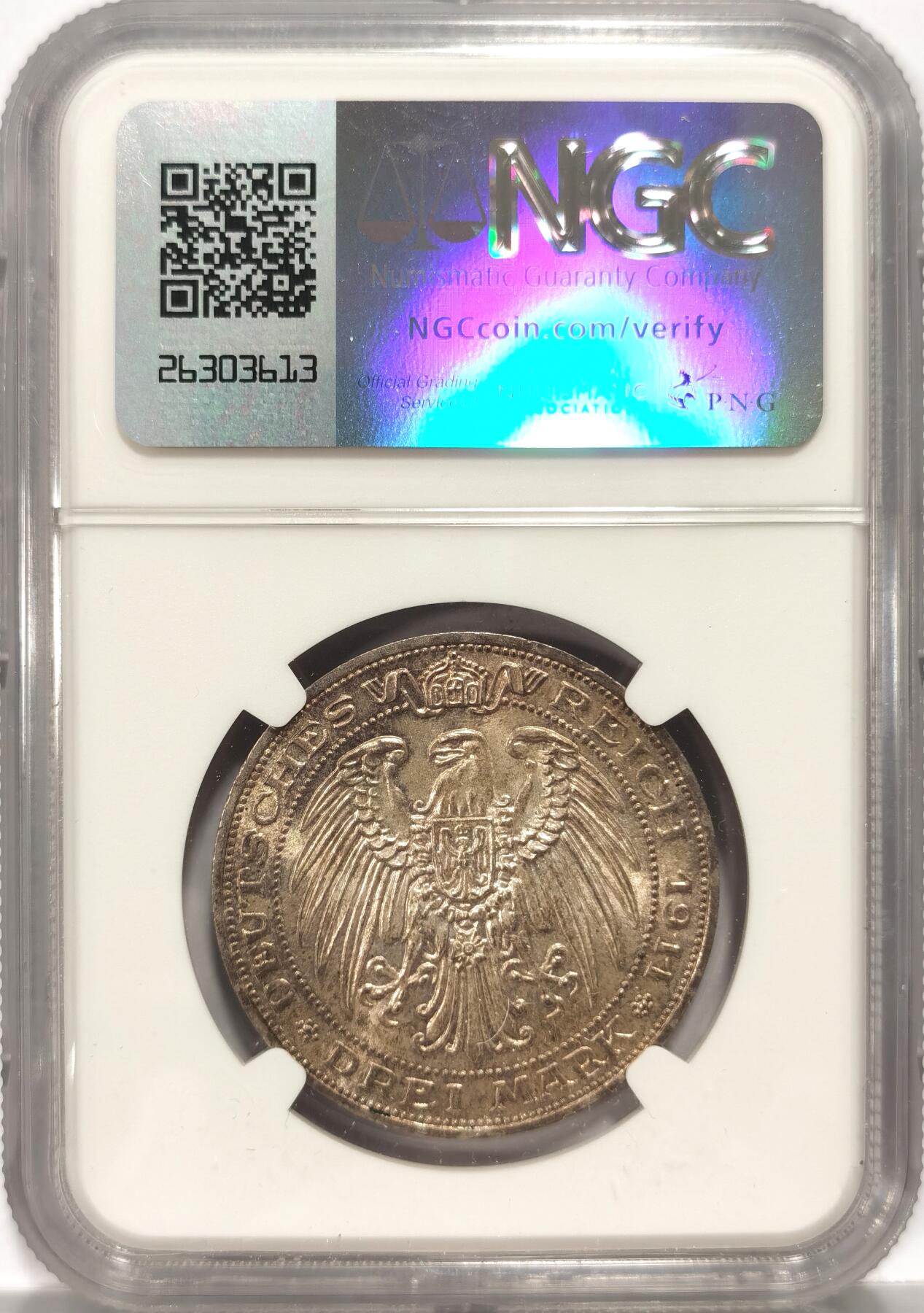 【麦稀奇世界钱币展】博洋堂“流萤染夏”六月精品专场暨第081期（全场包邮） NGC MS64 德国普鲁士1911布雷斯劳大学百年纪念3马克银币 绝美绒布包浆 转光强烈无瑕疵