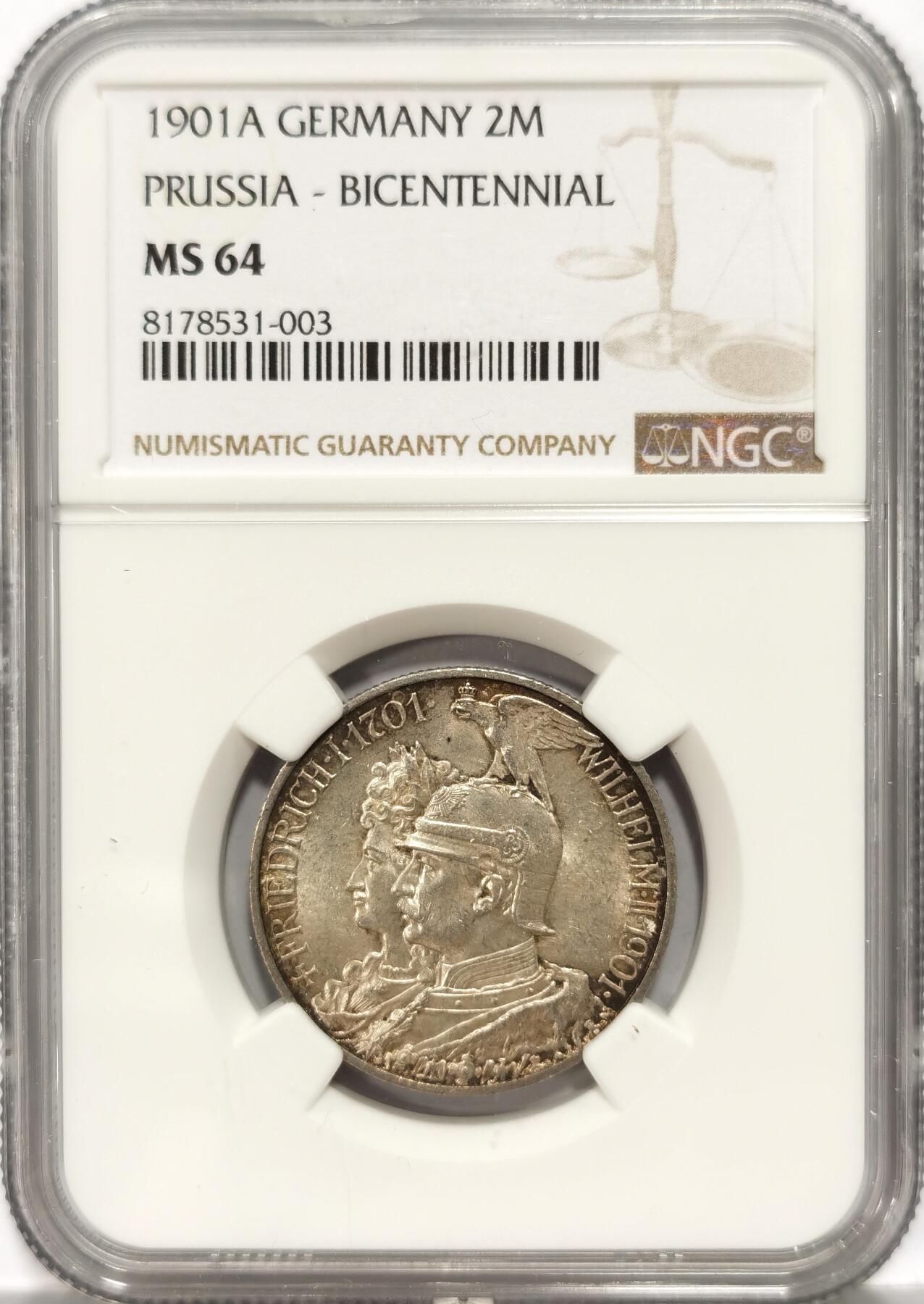 【麦稀奇世界钱币展】博洋堂“流萤染夏”六月精品专场暨第081期（全场包邮） NGC MS64 德国普鲁士1901二百年纪念2马克银币 德系最为经典的设计 背面包浆极好