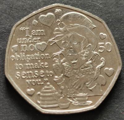 外国散币20240615场次（中拍皆有赠品），每周两拍，可寄存 - 英属马恩岛爱丽丝梦游仙境-疯帽子50便士纪念币