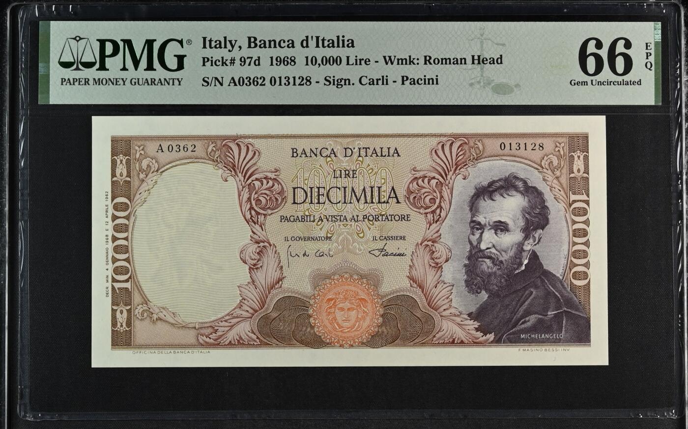 收藏联盟Quantum Auction 第353期拍卖  意大利1968年10000里拉 PMG66 全程无457 米开朗基罗