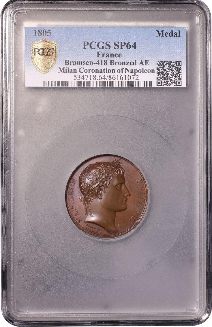 【麦稀奇世界钱币展】博洋堂“流萤染夏”六月精品专场暨第081期（全场包邮） PCGS SP64 法国1805年拿破仑一世米兰大加冕原铸铜章 铁王冠 纪念拿破仑米兰大教堂加冕意大利国王 稀少品种