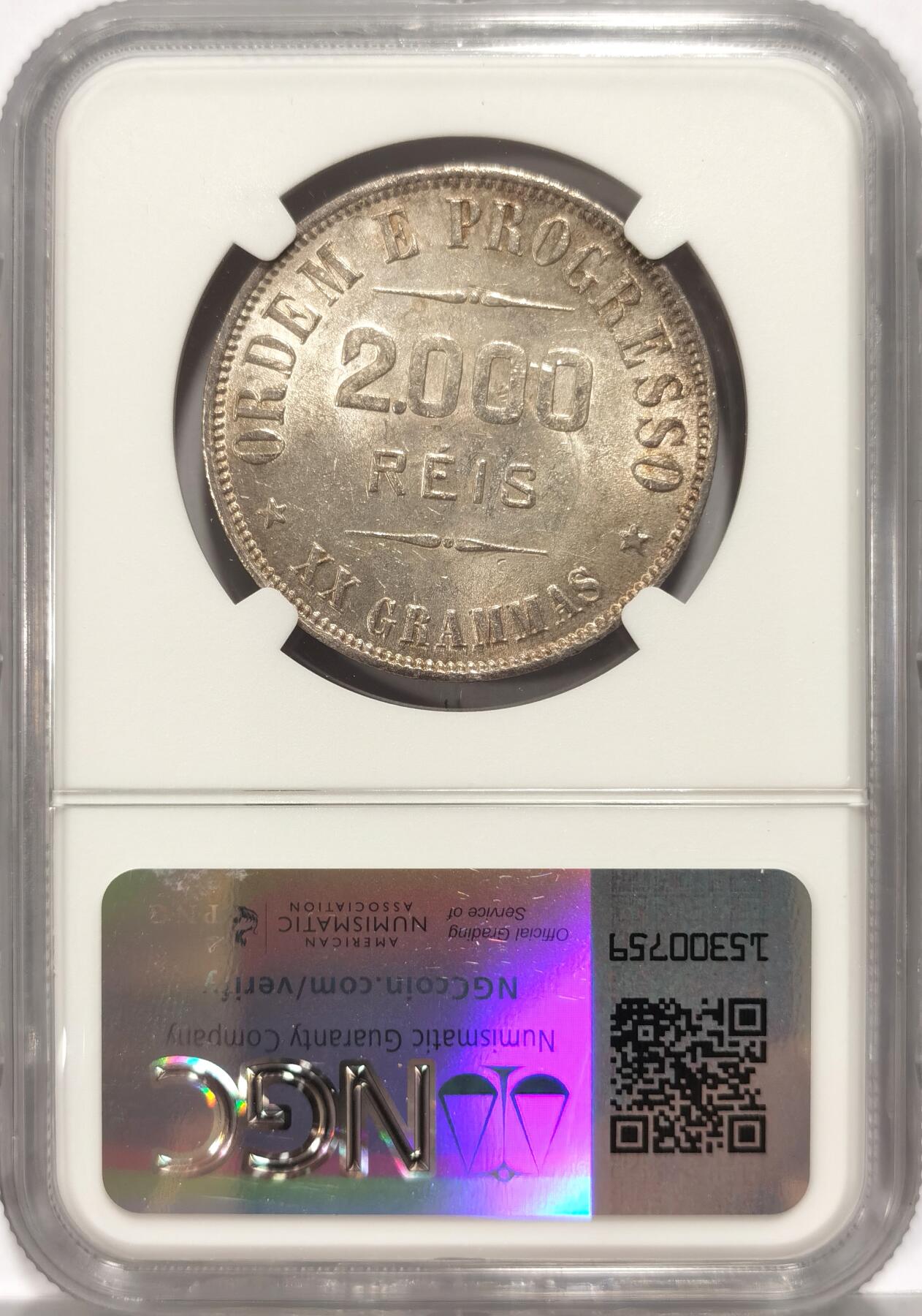 【麦稀奇世界钱币展】博洋堂“流萤染夏”六月精品专场暨第081期（全场包邮） NGC MS62 巴西1907年自由女神2000瑞思银币 车轮光状态带淡淡的黄色包浆 美洲女神银币一直热门