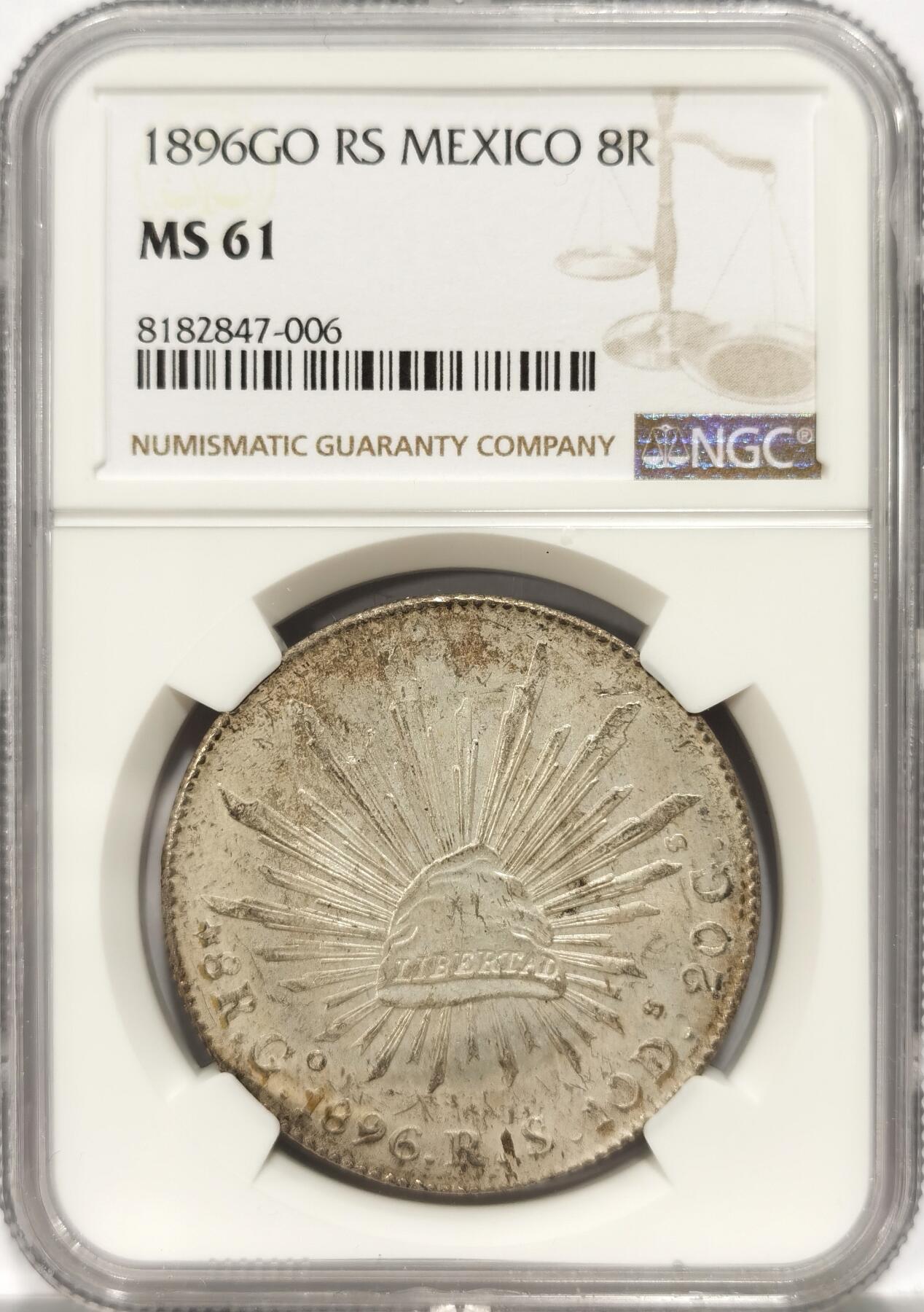 【麦稀奇世界钱币展】博洋堂“流萤染夏”六月精品专场暨第081期（全场包邮） NGC MS61 墨西哥1896年GO RS版花边鹰洋，原汁原味好状态