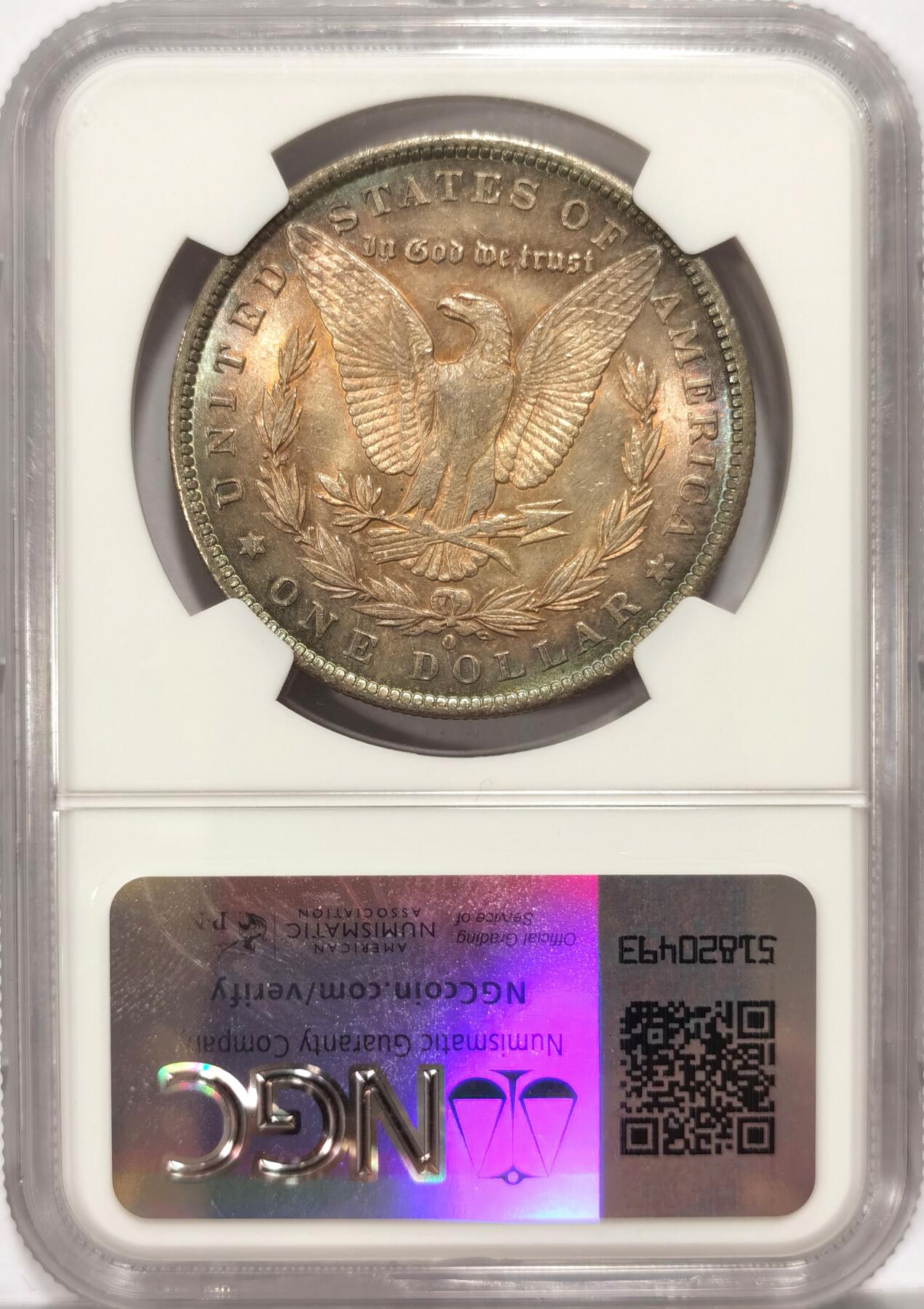 【麦稀奇世界钱币展】博洋堂“流萤染夏”六月精品专场暨第081期（全场包邮） NGC MS63 美国1884年O版摩根大银币，醇美五彩包浆，引人入胜