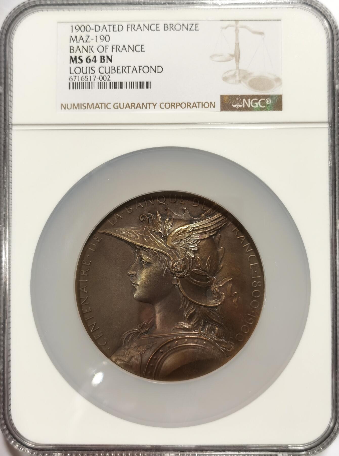 【麦稀奇世界钱币展】博洋堂“流萤染夏”六月精品专场暨第081期（全场包邮） 1900年法国法兰西银行百年铜章，NGC MS64BN，直径68mm