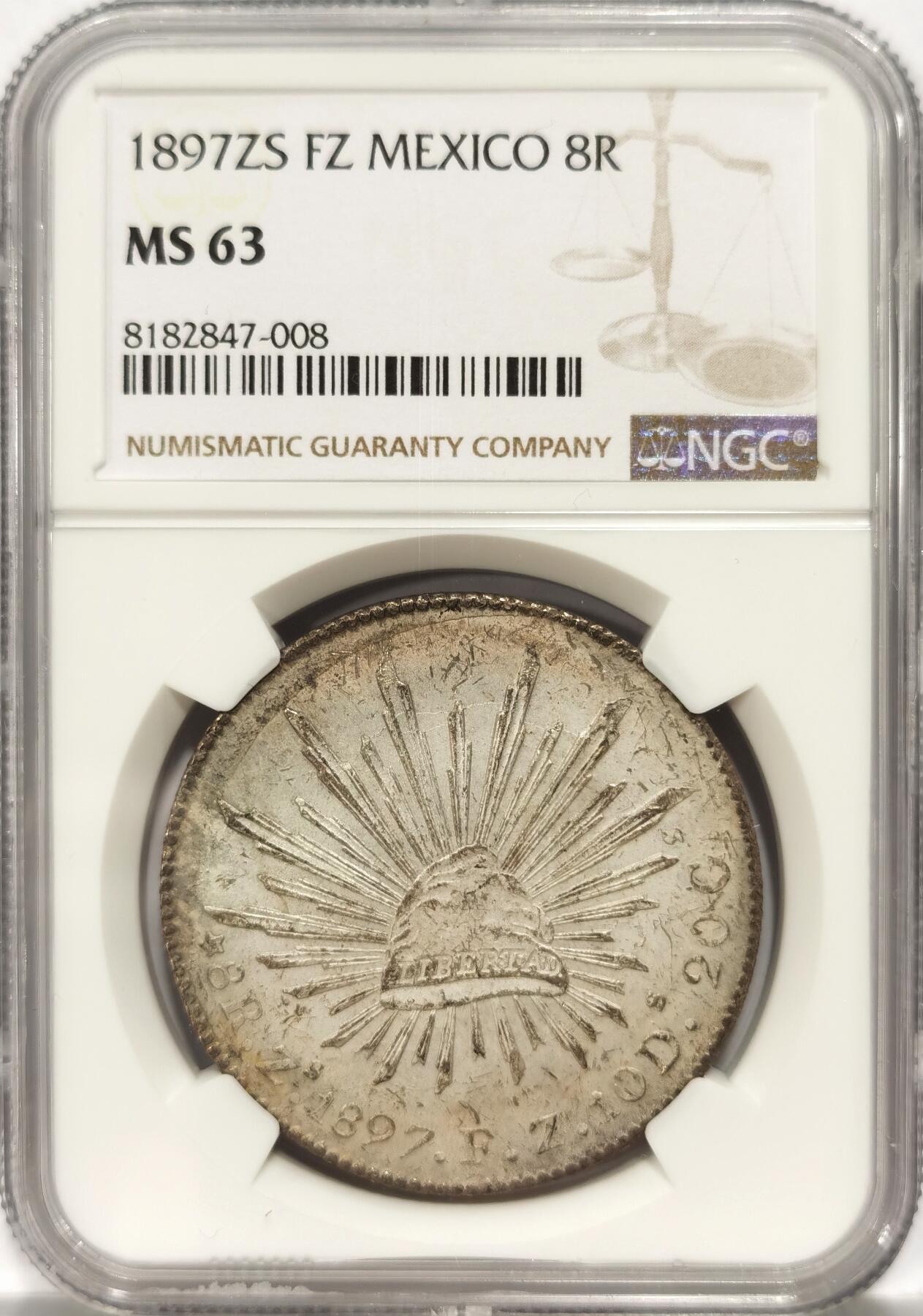 【麦稀奇世界钱币展】博洋堂“流萤染夏”六月精品专场暨第081期（全场包邮） NGC MS63 墨西哥1897年ZS FZ版鹰洋，关门年份，原生态包浆，滴水未下